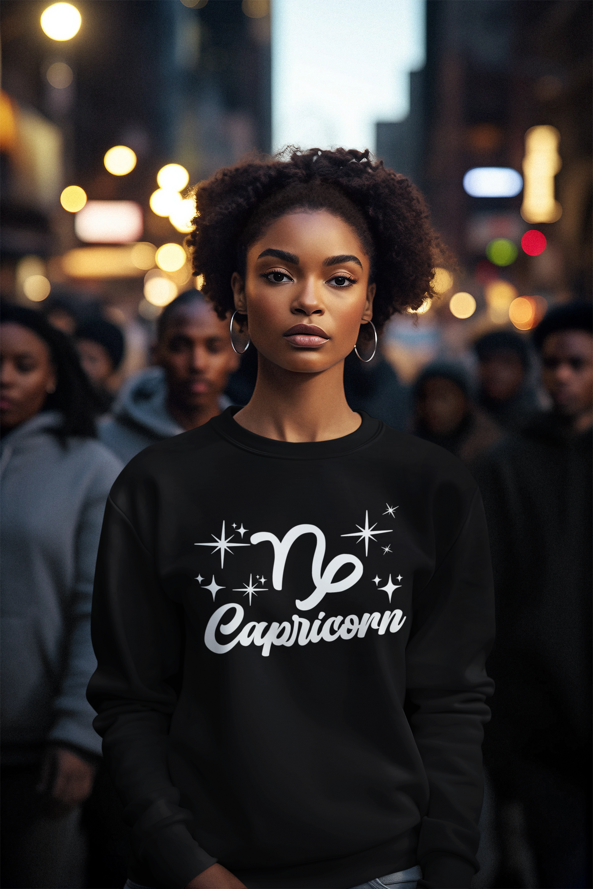 Person wearing a black 'Capricorn' white text design sweatshirt in a city street setting
