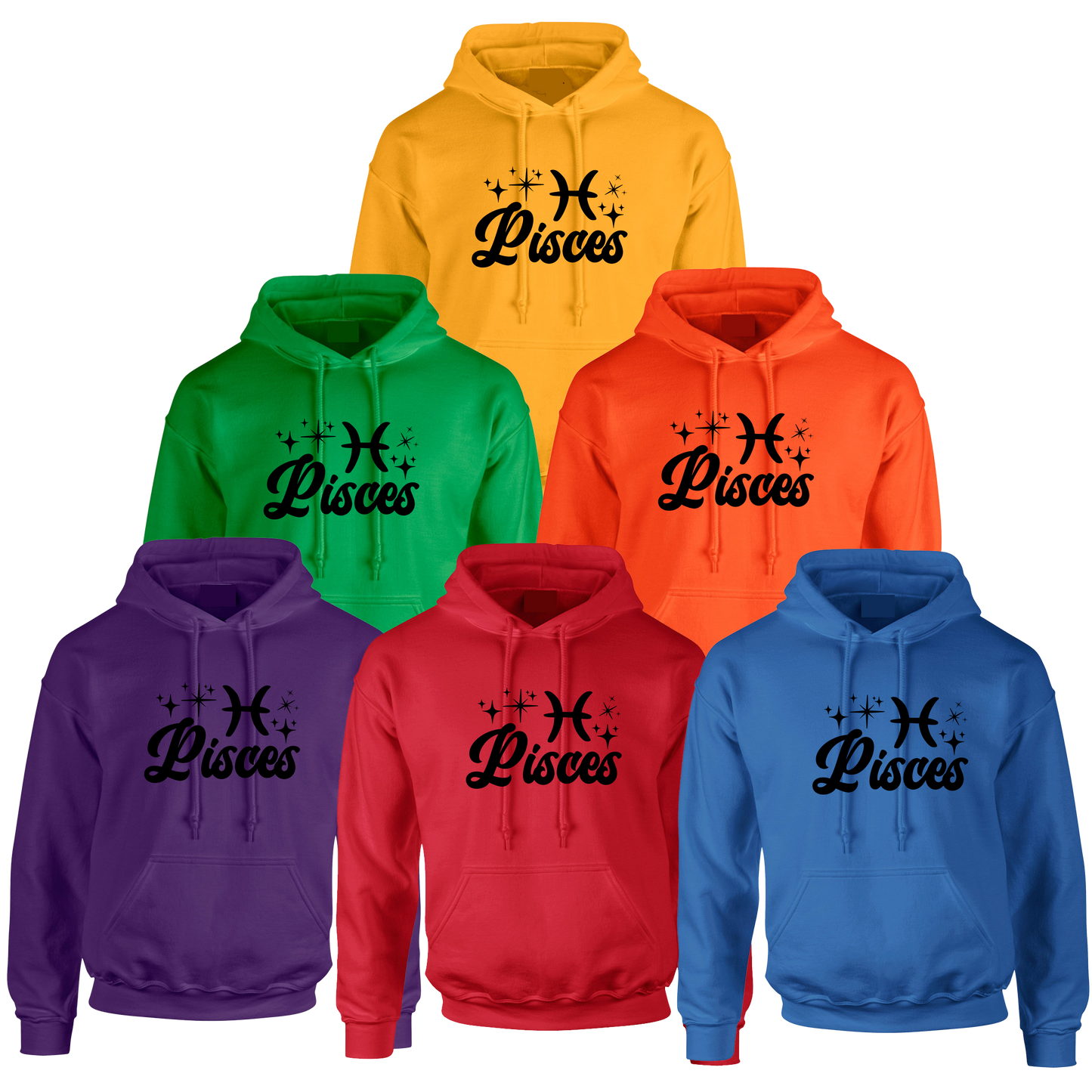 Set of six hoodies in different colors with black 'Pisces' text with zodiac symbol