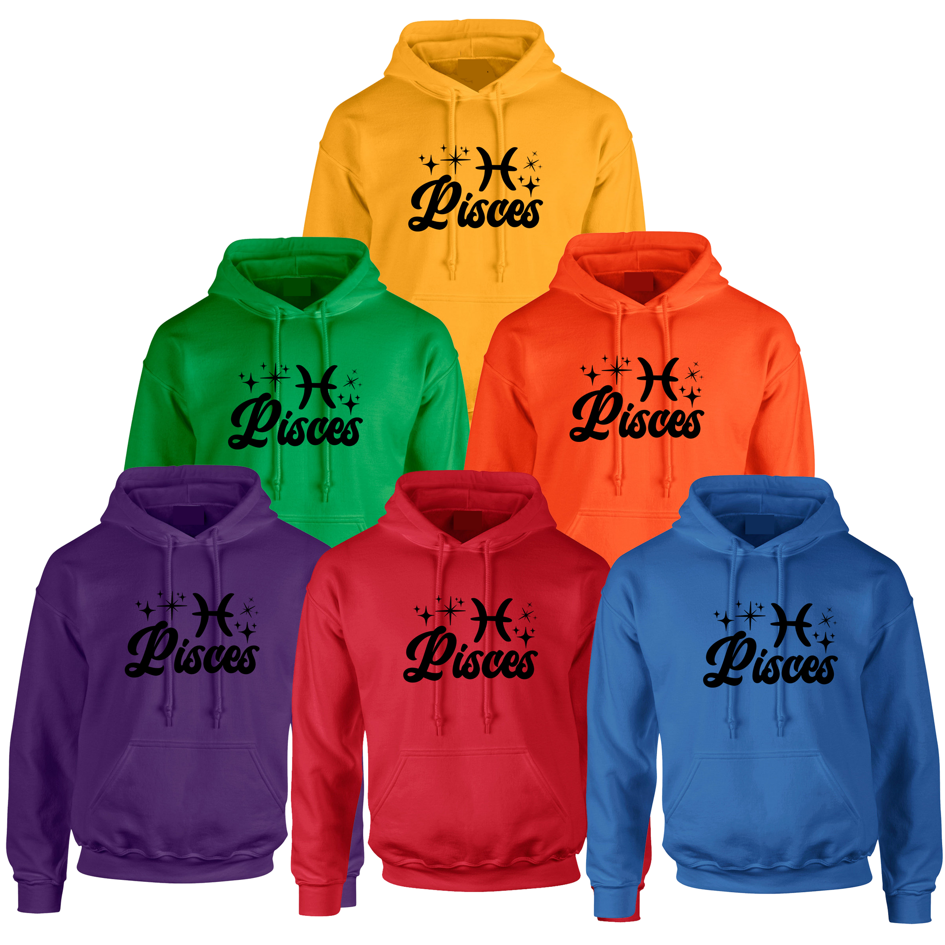 Set of six hoodies in different colors with black 'Pisces' text with zodiac symbol