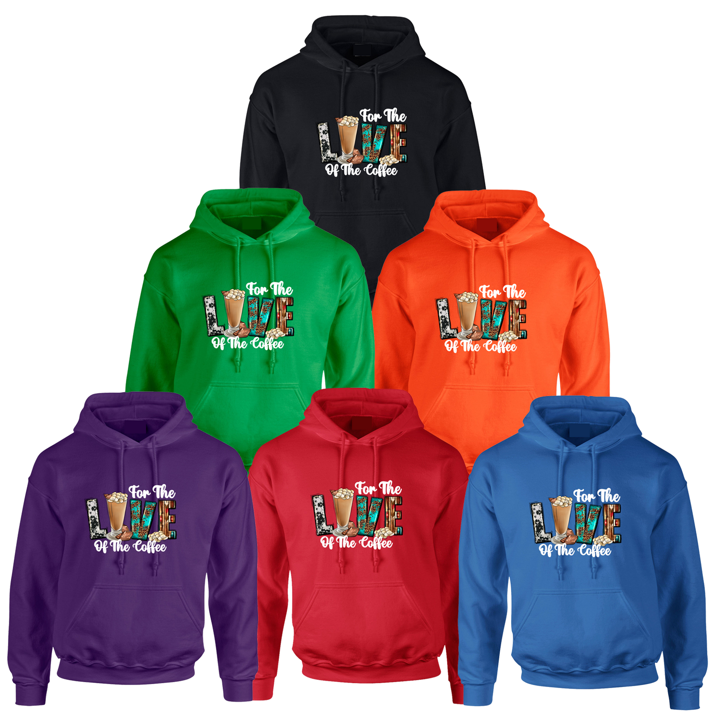 Set of six colorful hoodies with a coffee-themed design on a white background