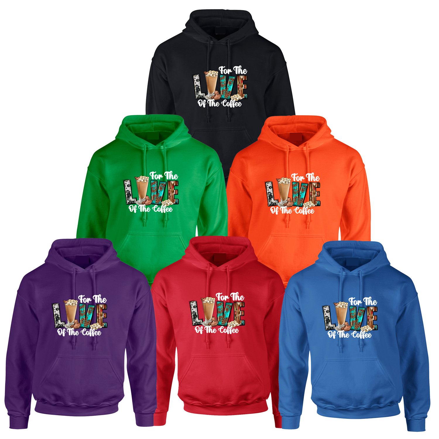 Set of six colorful hoodies with a coffee-themed design on a white background