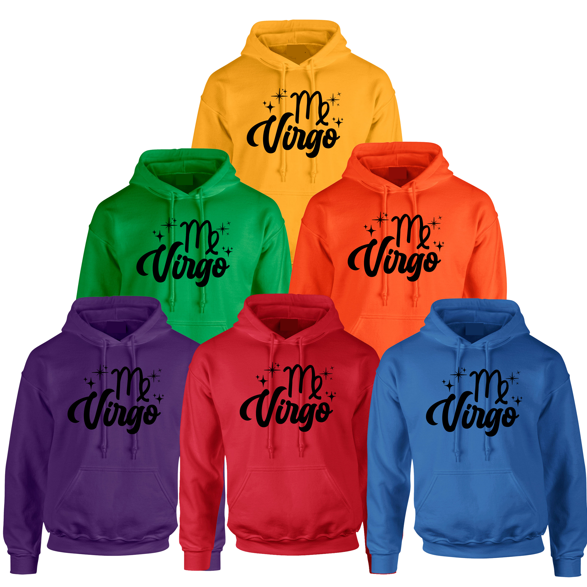 Set of six colorful hoodies with 'Virgo' black text design