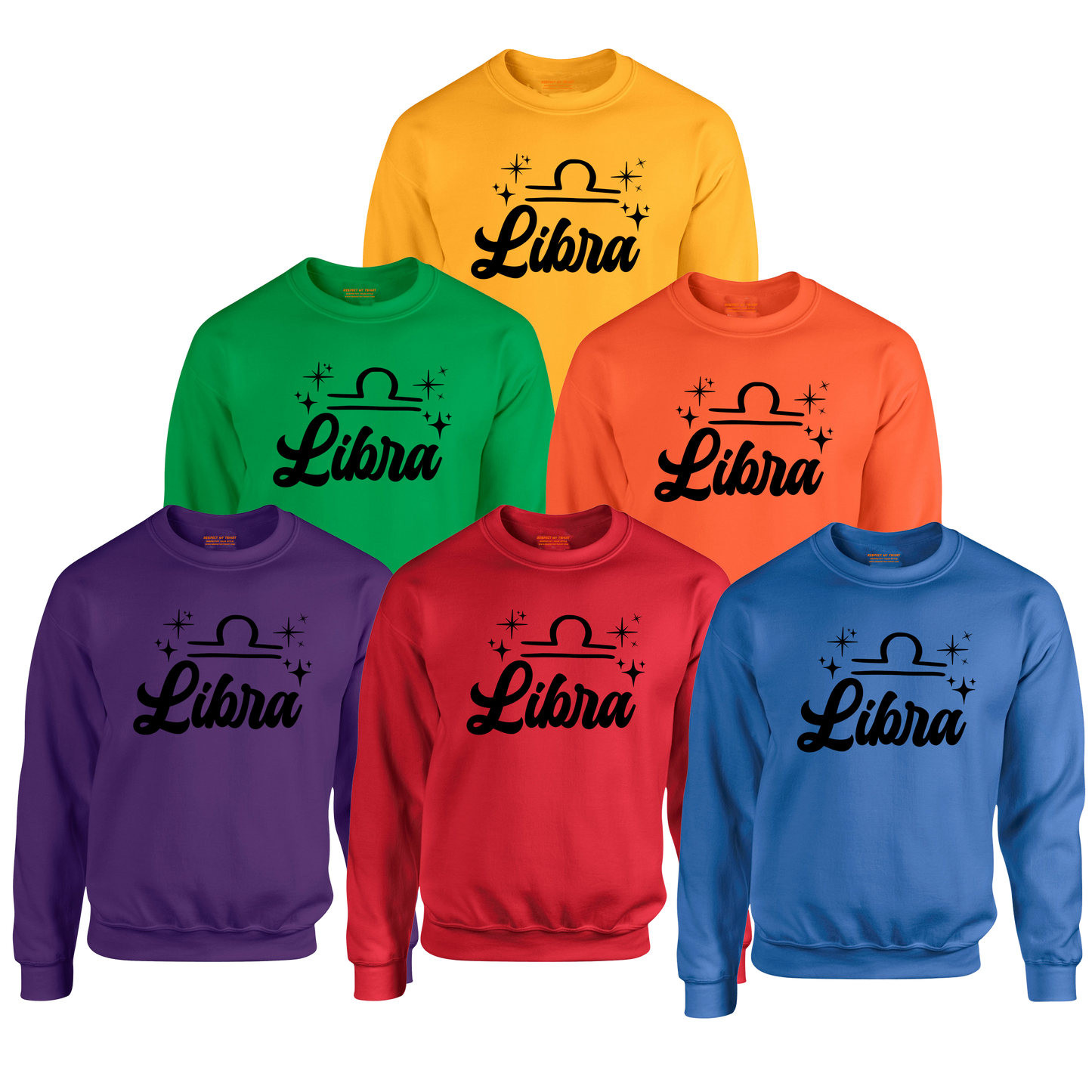 Set of six sweatshirts in different colors with 'Libra' black text design