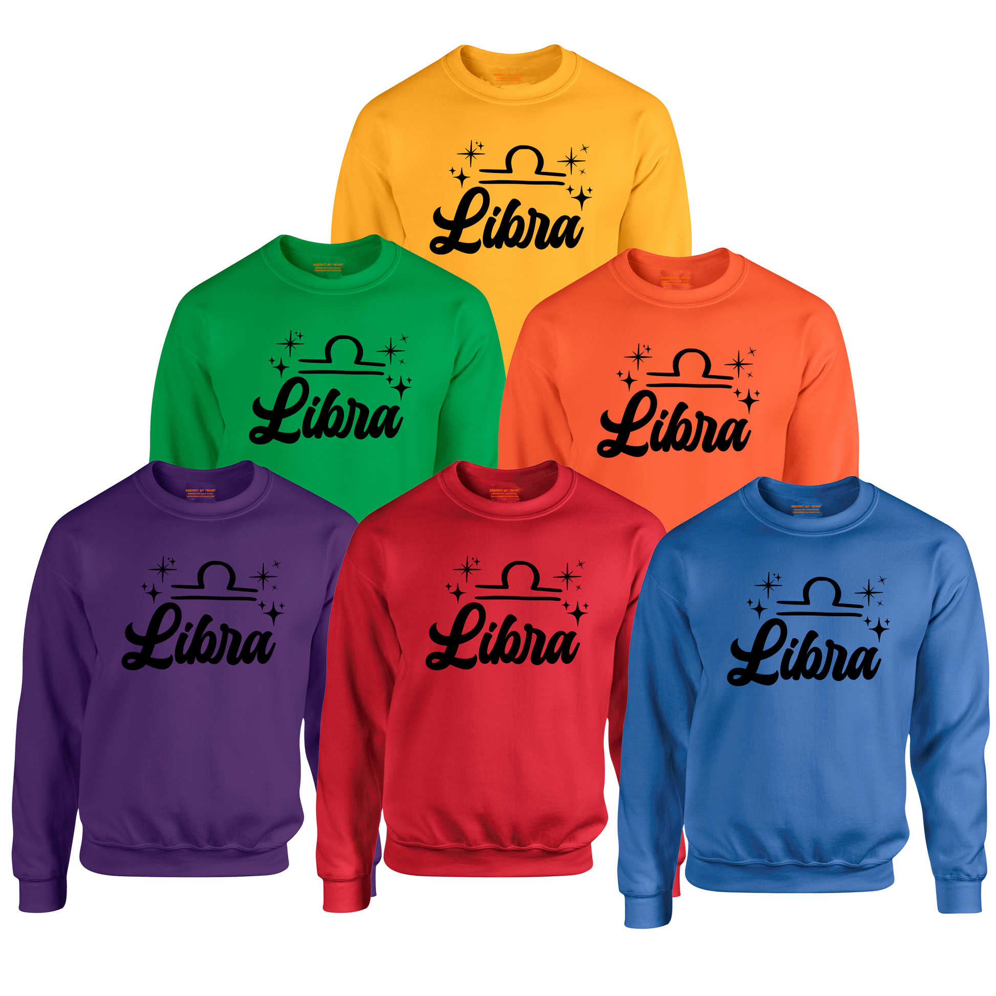Set of six sweatshirts in different colors with 'Libra' black text design