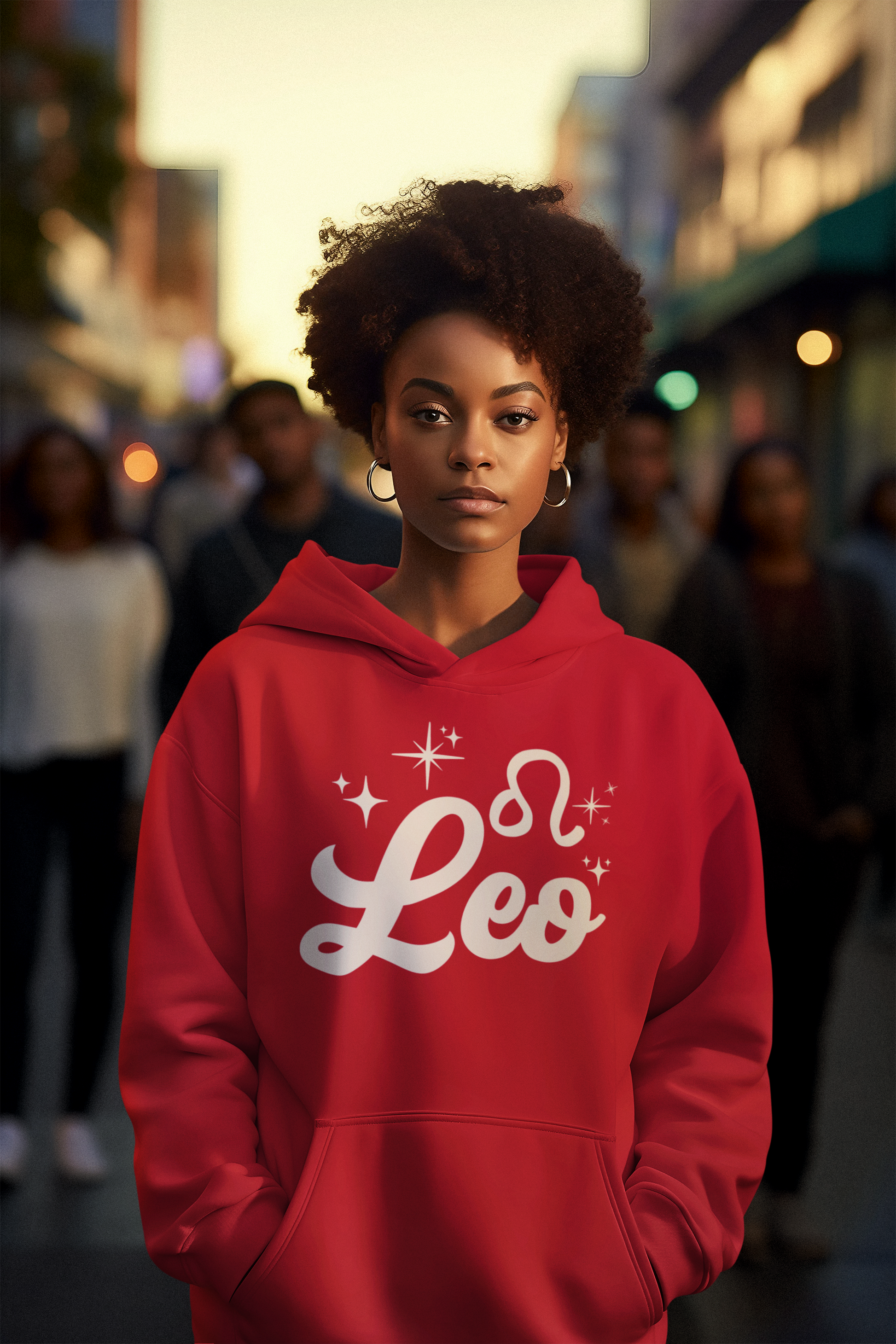 Person wearing a red hoodie with 'Leo' white text design, standing in a city street.