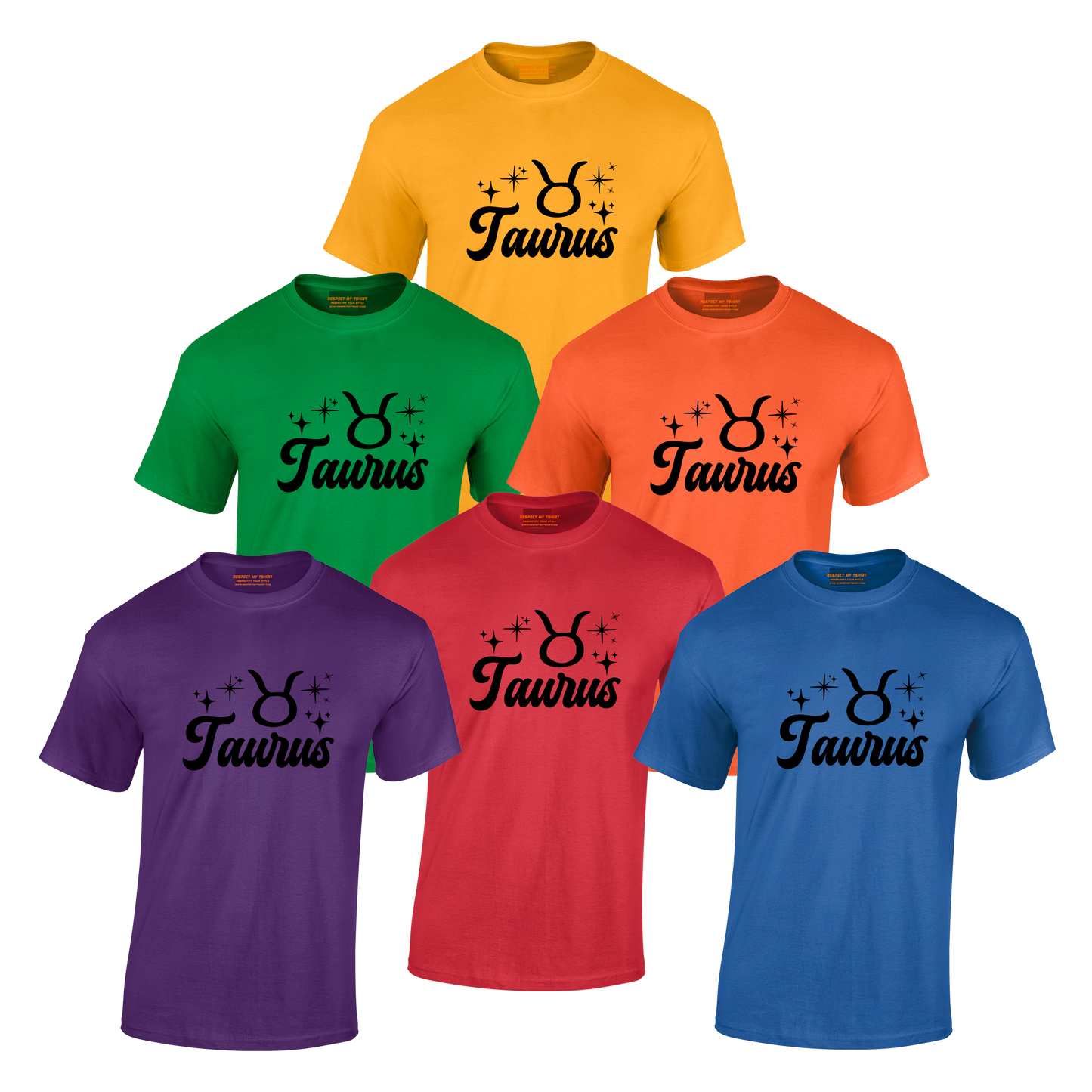 Set of six Taurus zodiac t-shirts in different colors black text design