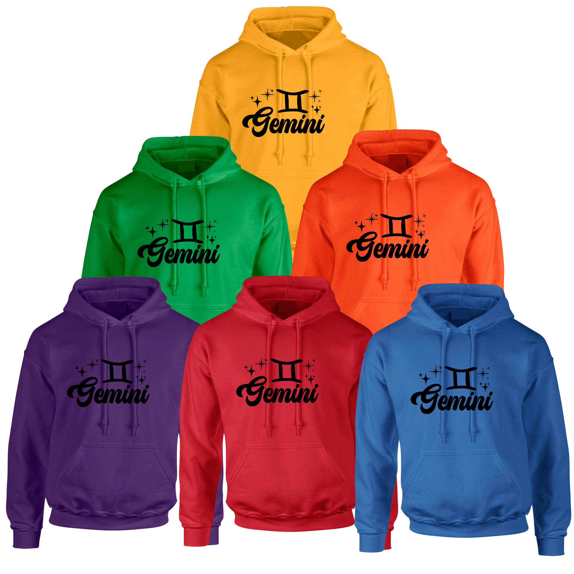 Collection of colorful hoodies with 'Gemini' black text design 