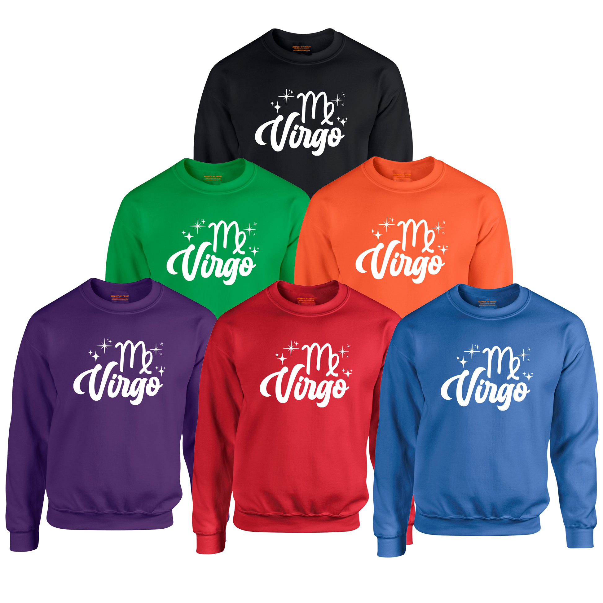 Set of six sweatshirts in different colors with 'Virgo' white text design
