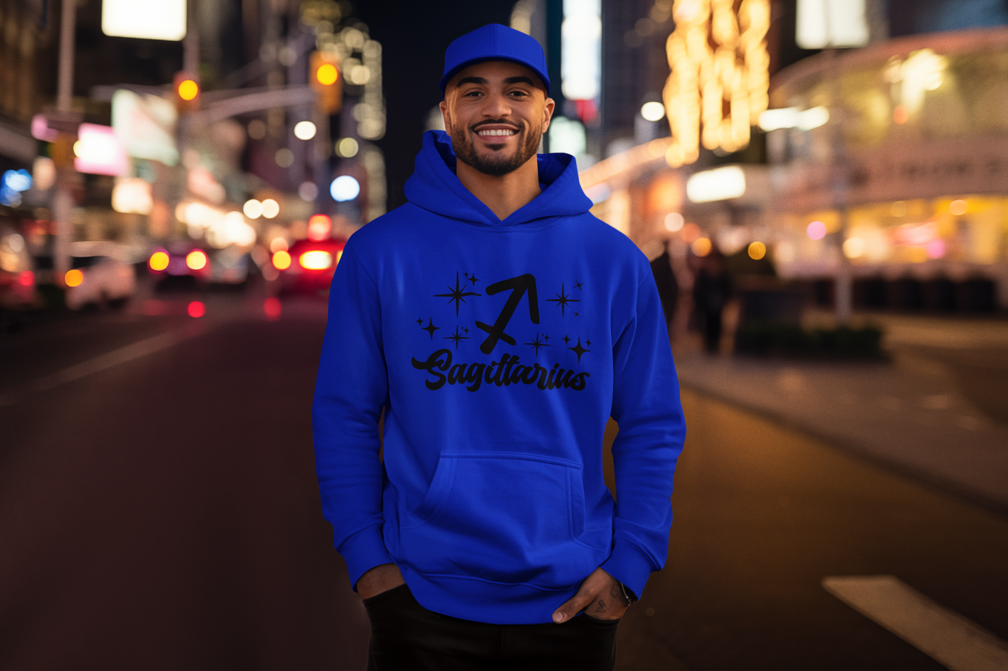 Person wearing a blue hoodie with 'Sagittarius' black design on a city street at night.