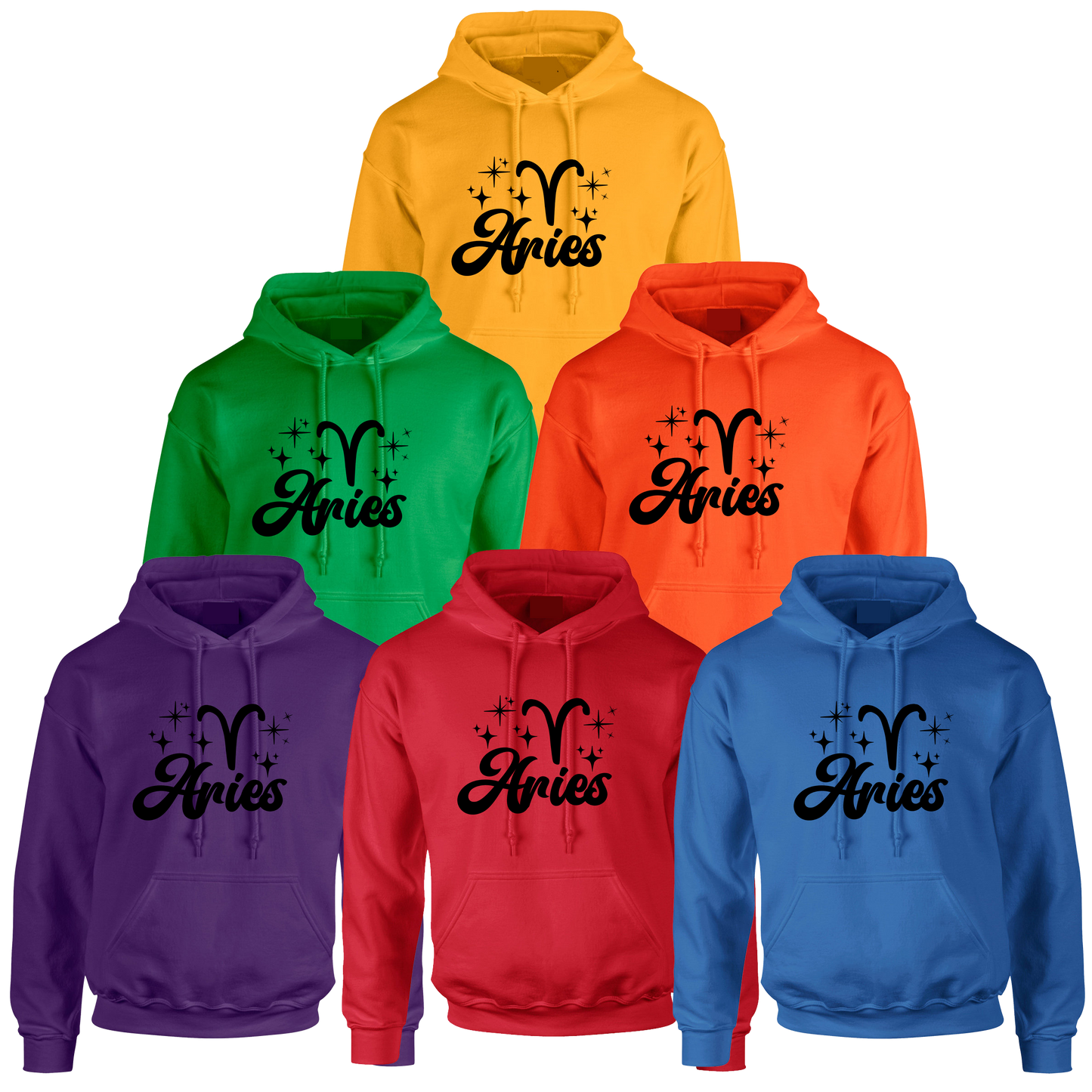 Set of six hoodies in different colors with 'Aries' black text and zodiac symbol 