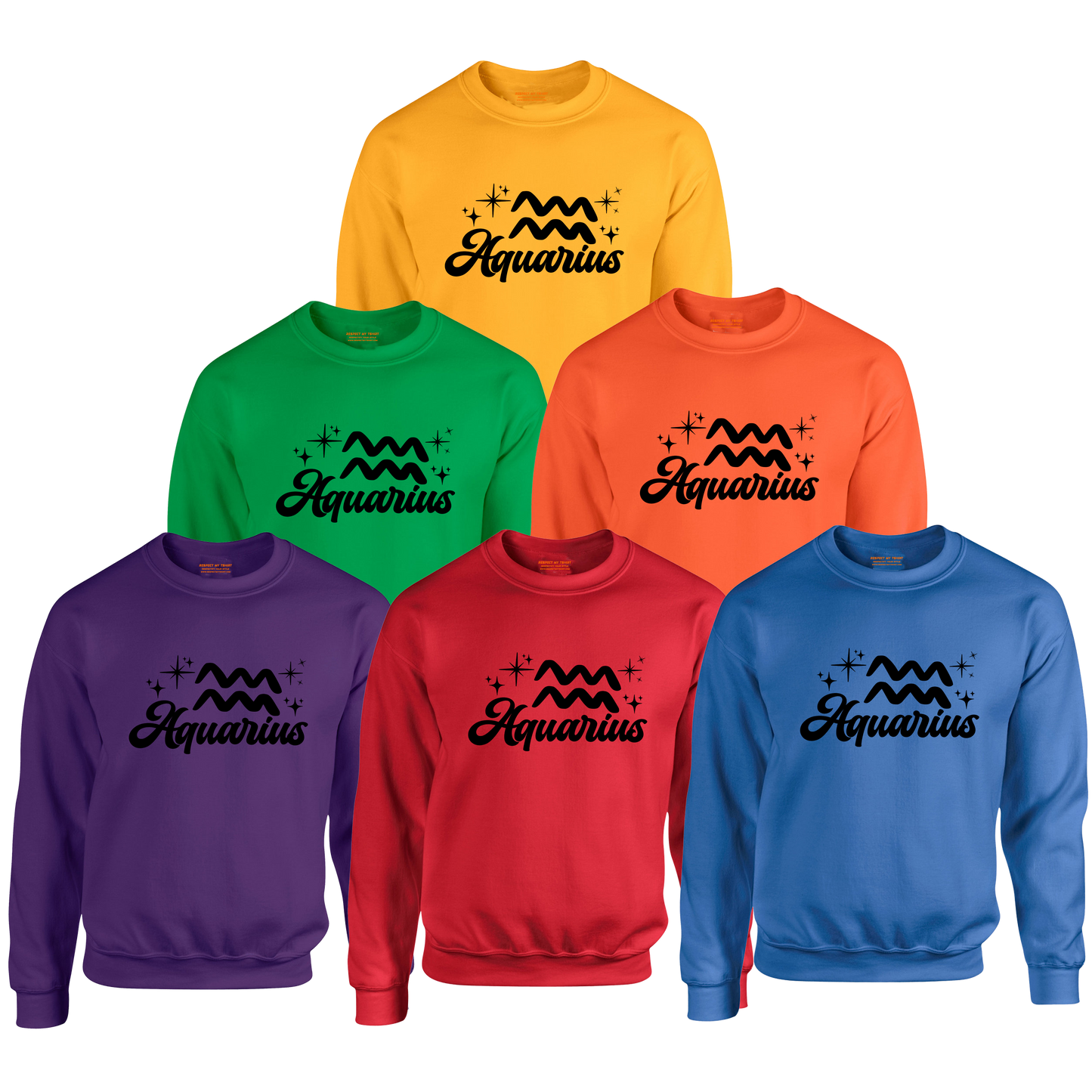 Set of six sweatshirts in different colors with 'Aquarius' black text and zodiac symbol.