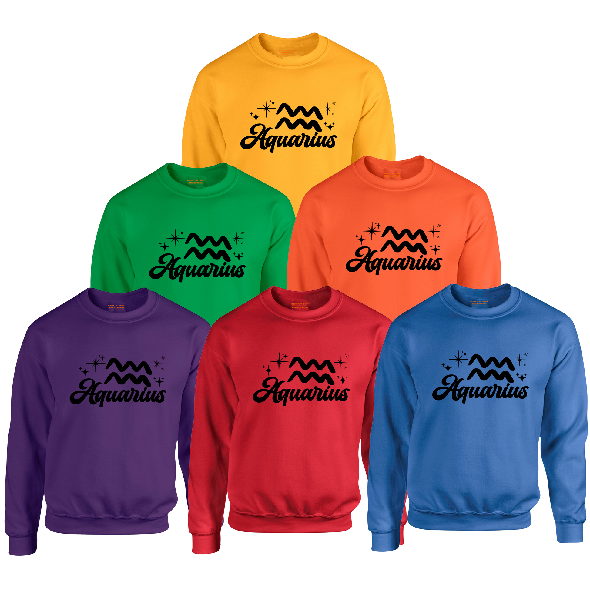 Set of six sweatshirts in different colors with 'Aquarius' black text and zodiac symbol.