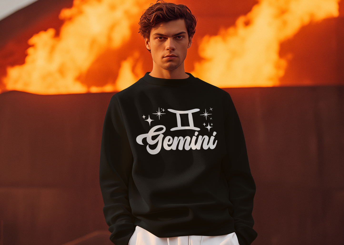 Person wearing a black 'Gemini' white text sweatshirt in front of a fiery background