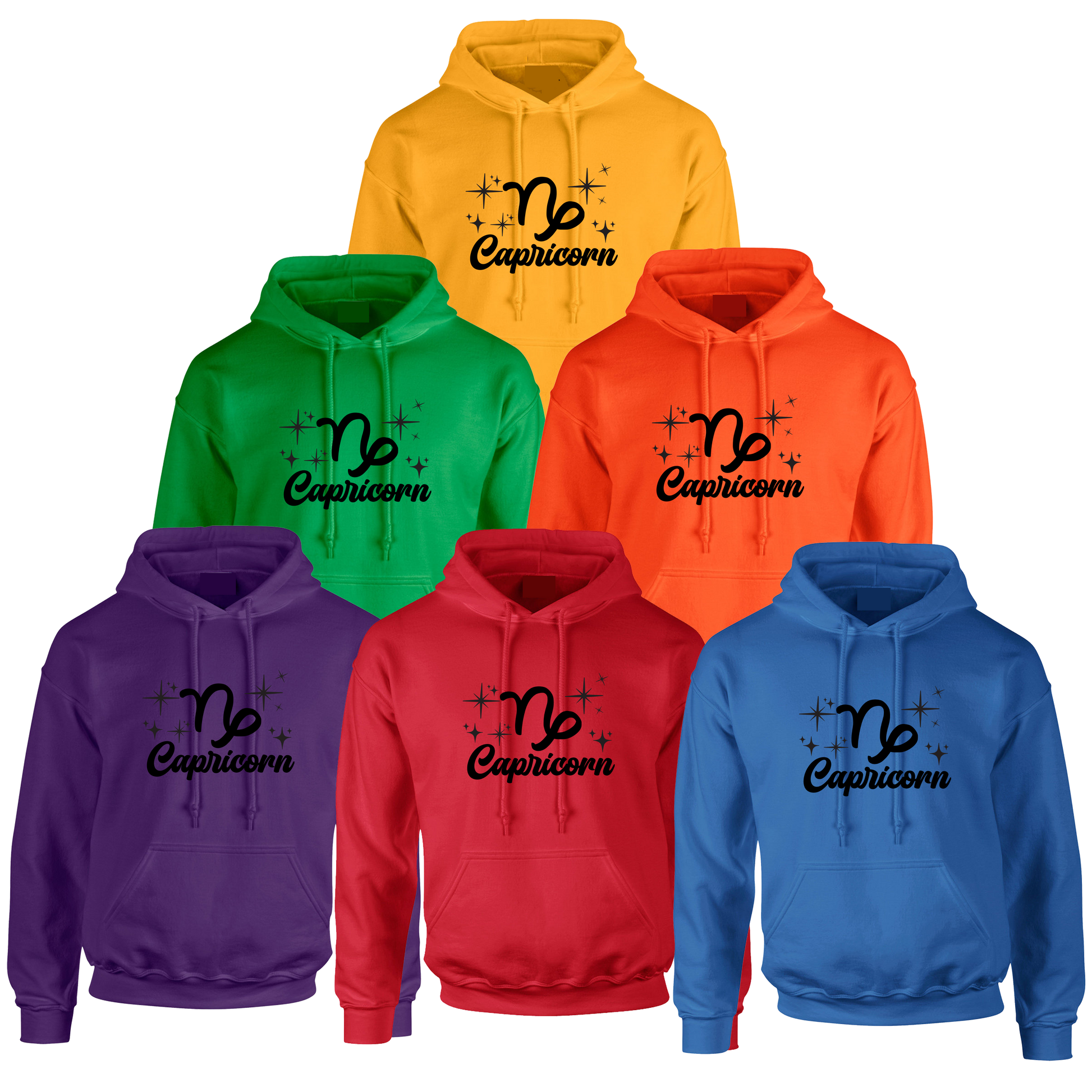 Collection of six colorful hoodies with black 'Capricorn' text design