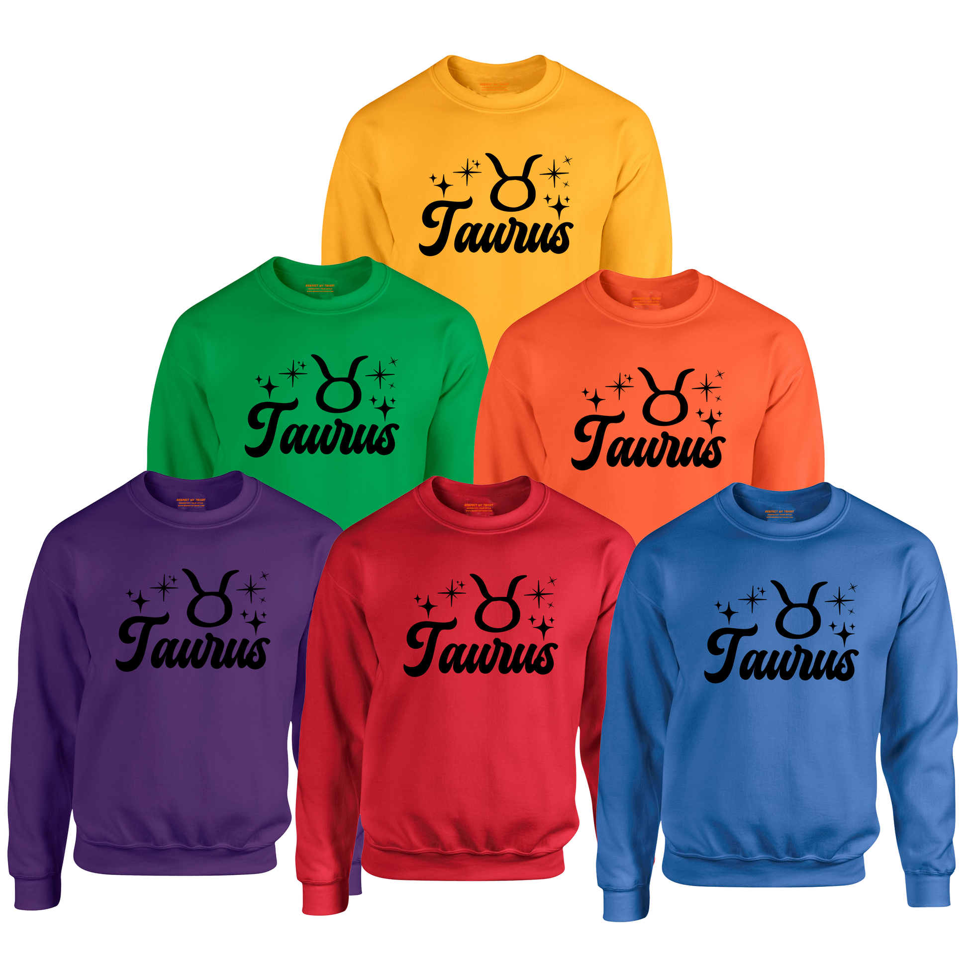 Set of six sweatshirts in different colors with 'Taurus' black text and zodiac symbol.