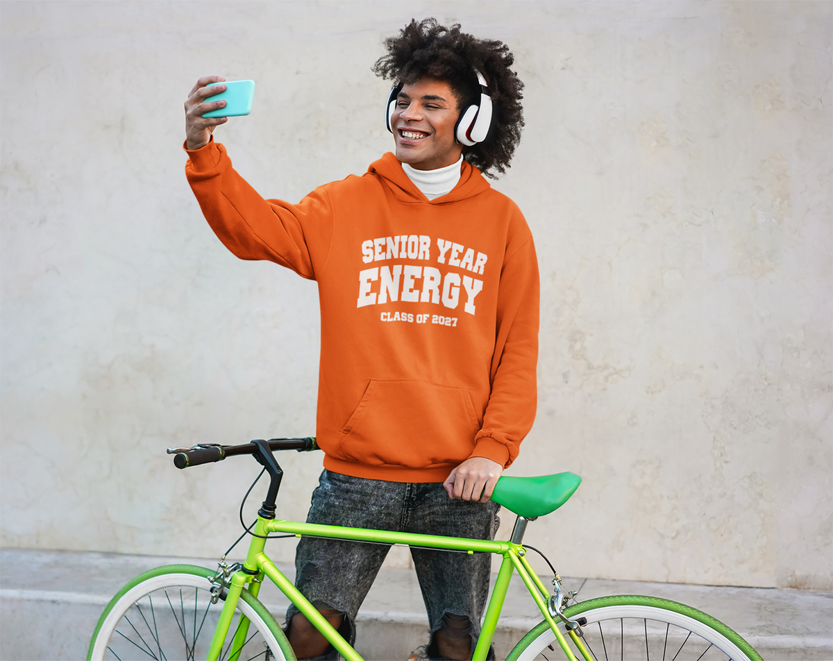Senior Year Energy Class of 2027 Hoodie – White Graphic