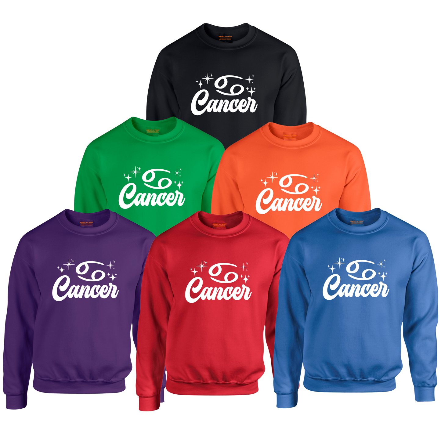 Set of six sweatshirts in different colors with 'Cancer' white text design 