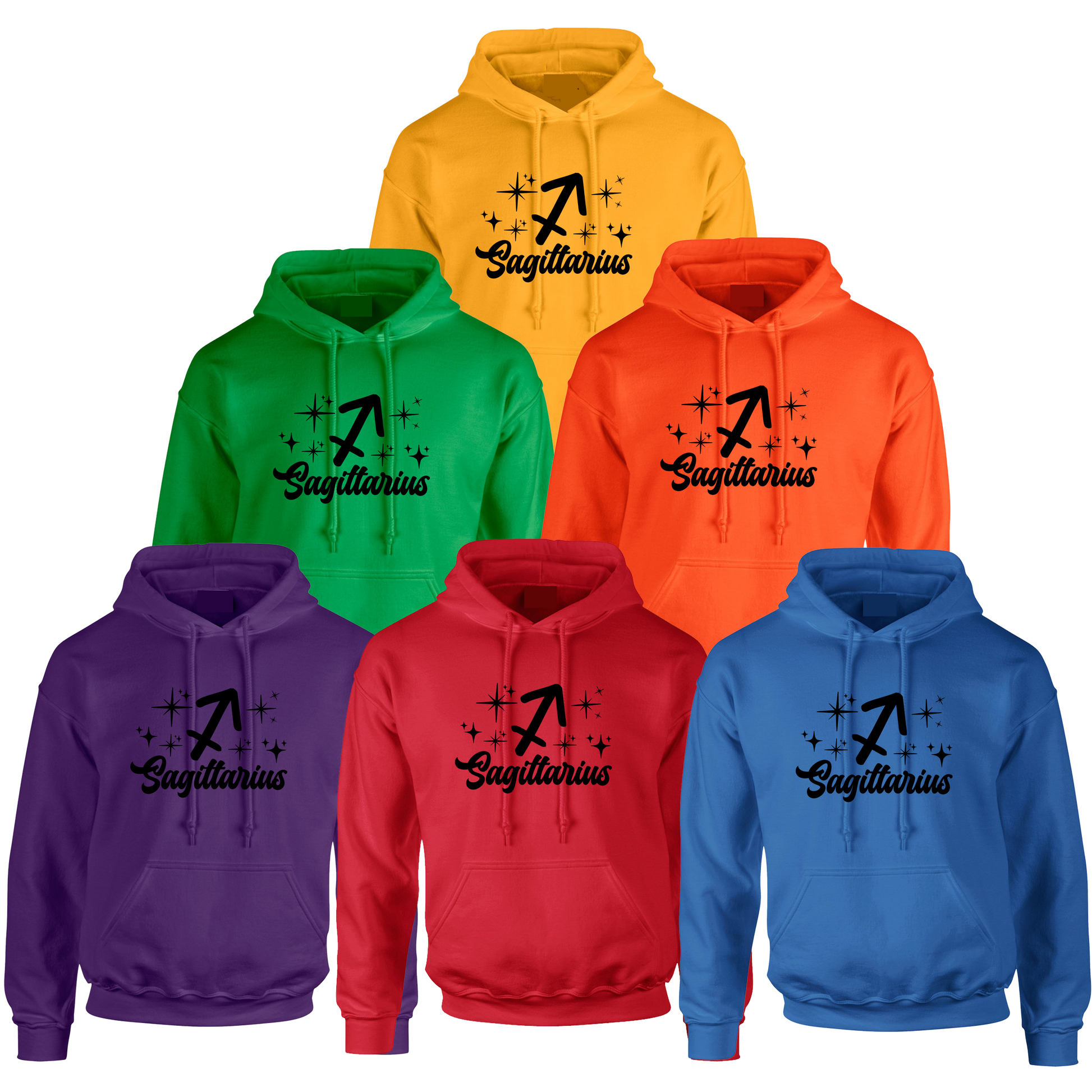 Set of six colorful hoodies with 'Sagittarius' black design