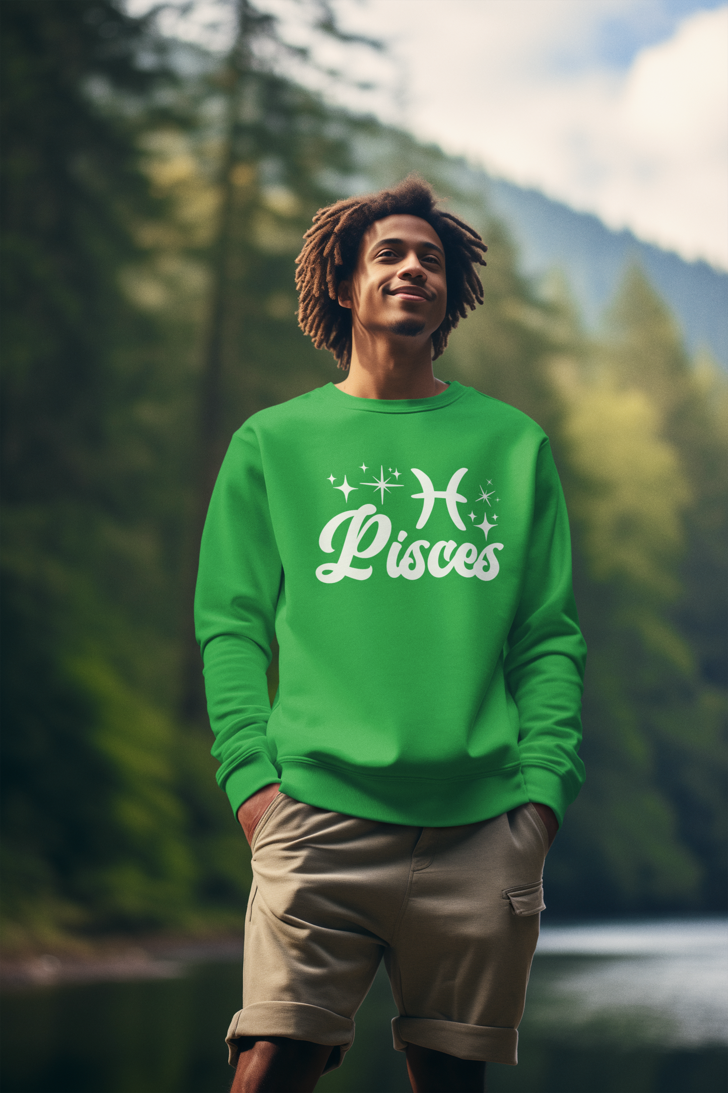 Person wearing an green 'Pisces' white text design sweatshirt in a forest setting