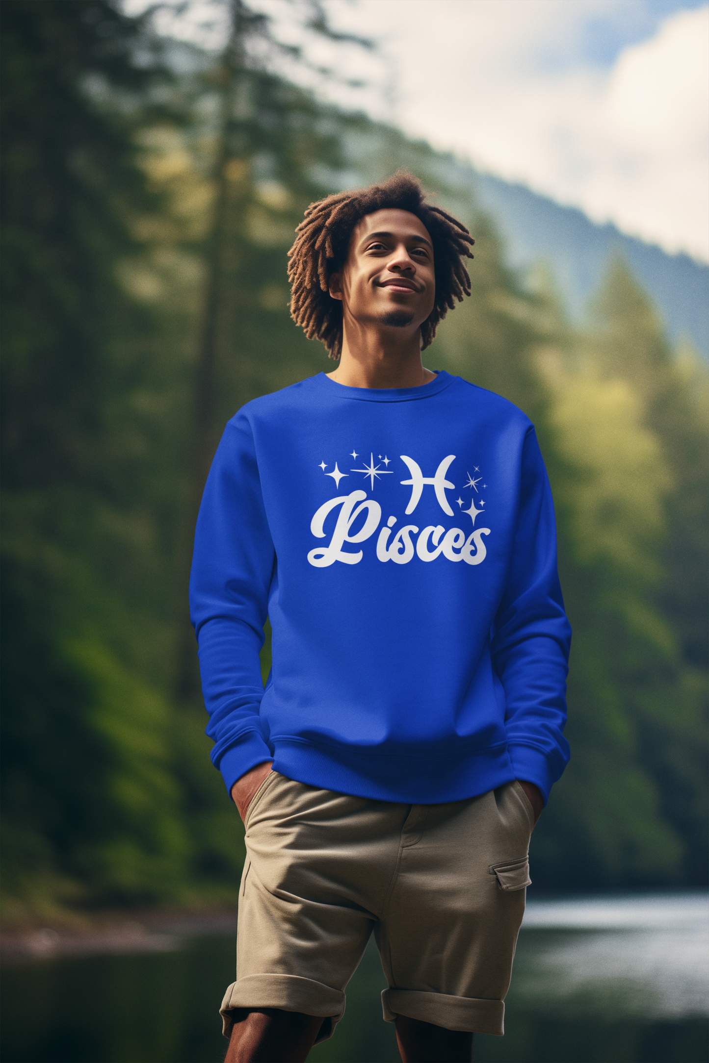 Person wearing an blue 'Pisces' white text design sweatshirt in a forest setting