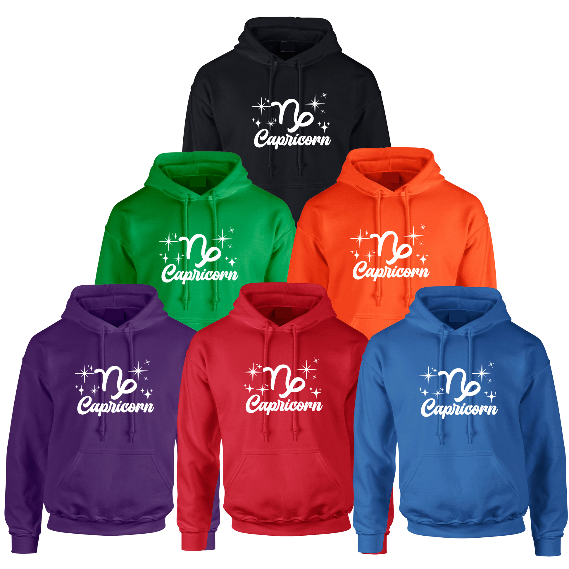 Collection of Capricorn-themed hoodies in various colors with a white text design 