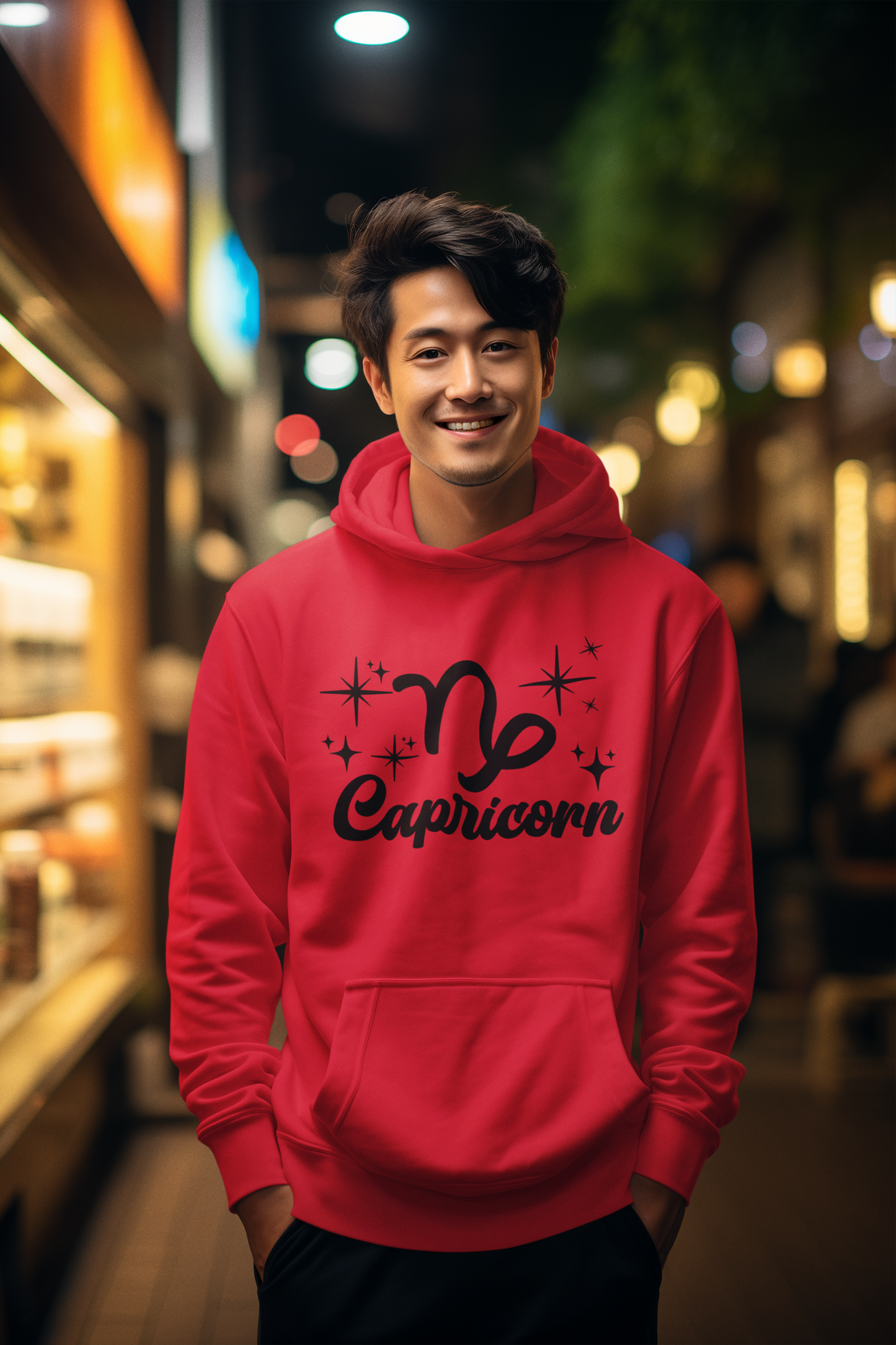 Person wearing a red hoodie with 'Capricorn' black text design in an urban night setting
