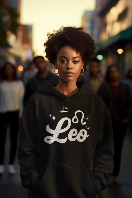 Person wearing a black hoodie with 'Leo' white text design, standing in a city street.