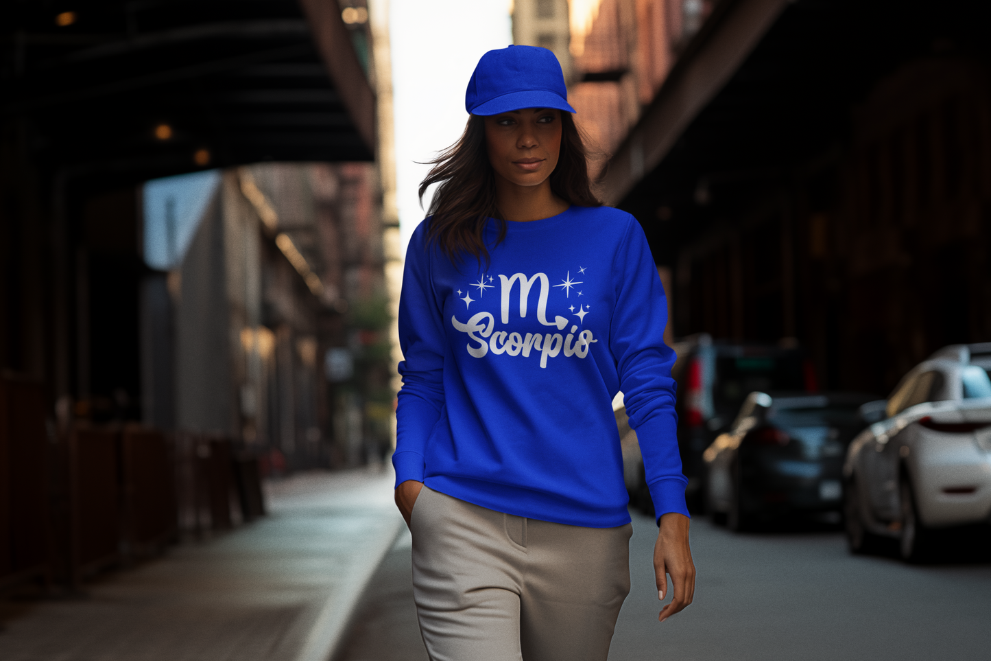 Person wearing a blue sweatshirt with 'Scorpio' white text design walking on a street.