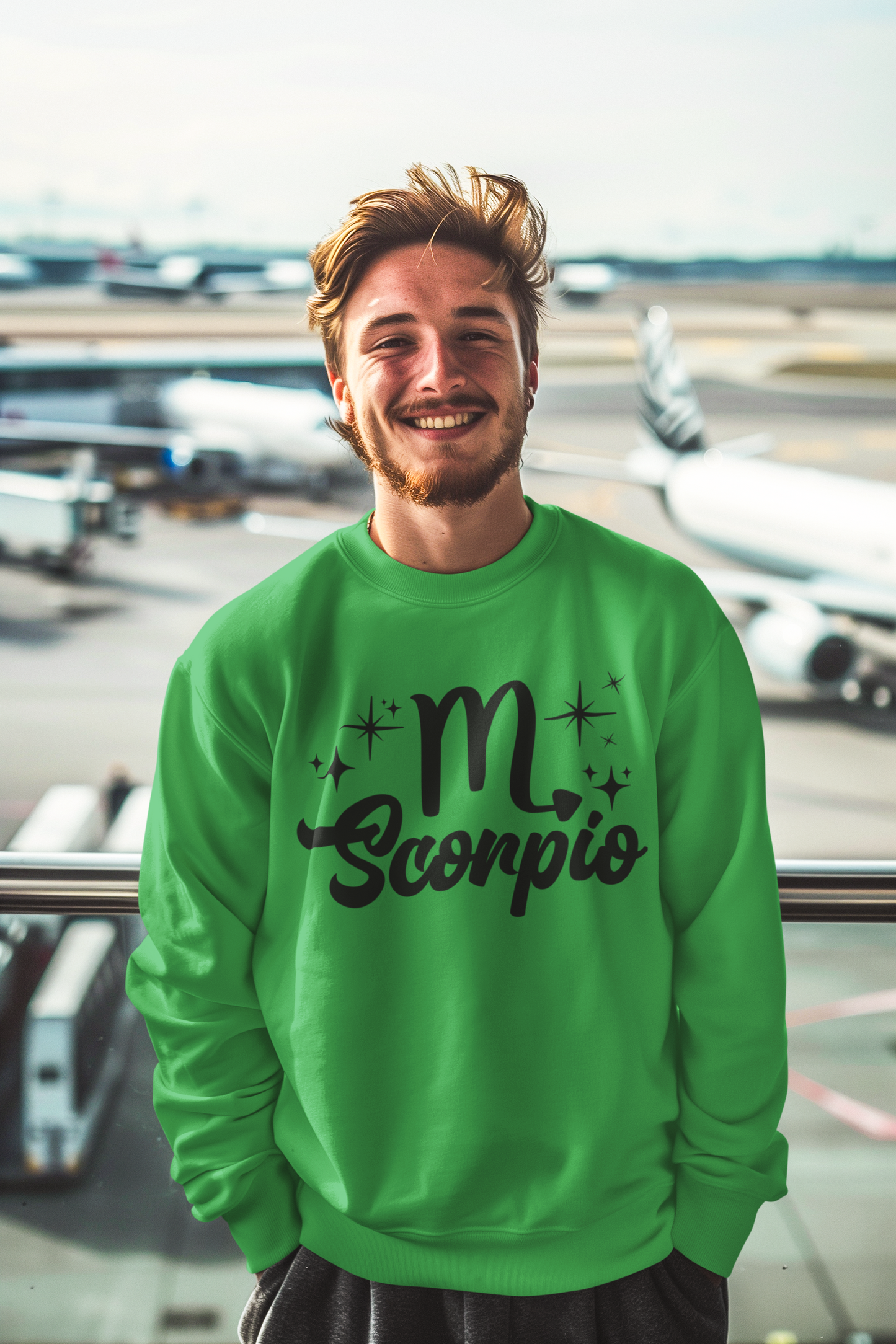 Man wearing a green sweatshirt with 'Scorpio' black text design at an airport.