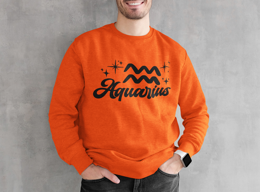 Person wearing an orange sweatshirt with 'Aquarius' black text design against a gray background