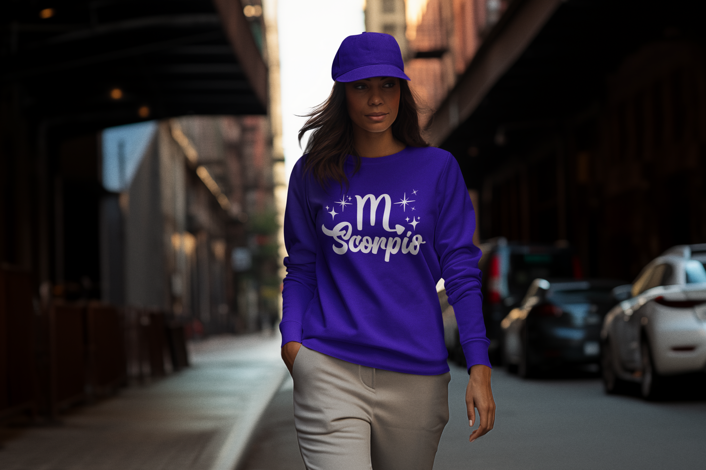 Person wearing a purple sweatshirt with 'Scorpio' white text design walking on a street.