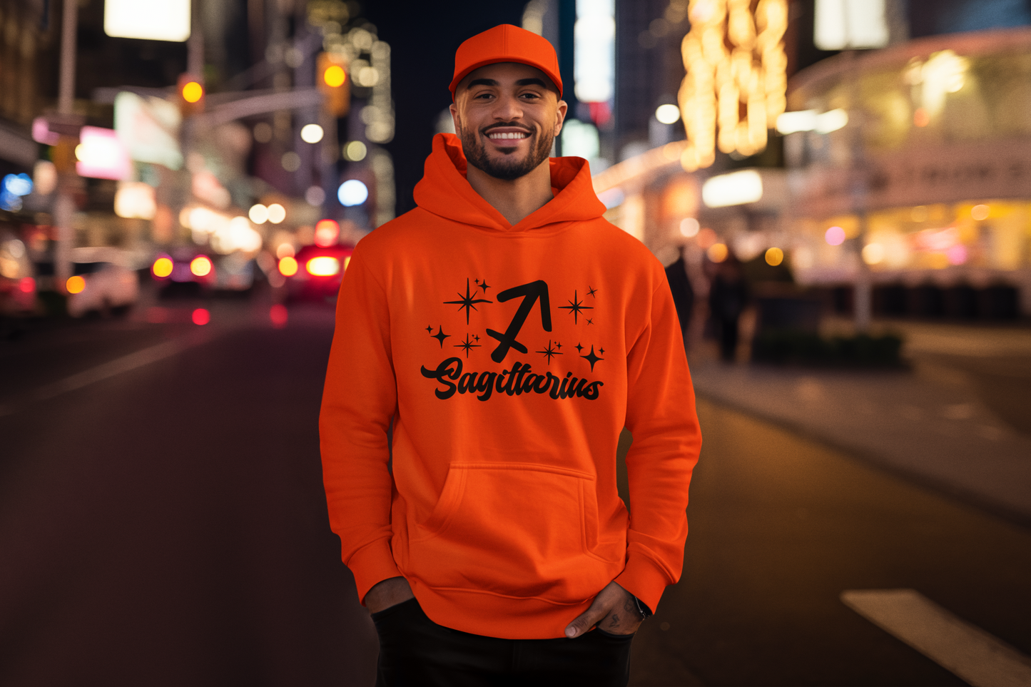 Person wearing a orange hoodie with 'Sagittarius' black design on a city street at night.