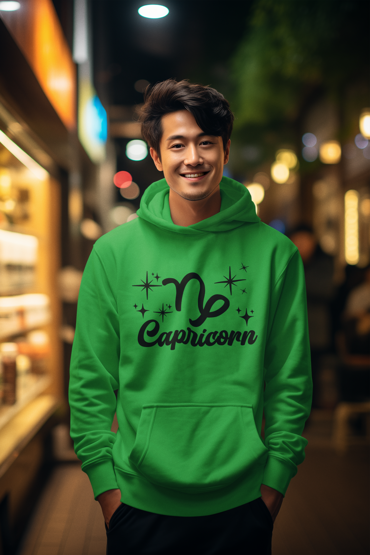 Person wearing a green hoodie with 'Capricorn' black text design in an urban night setting