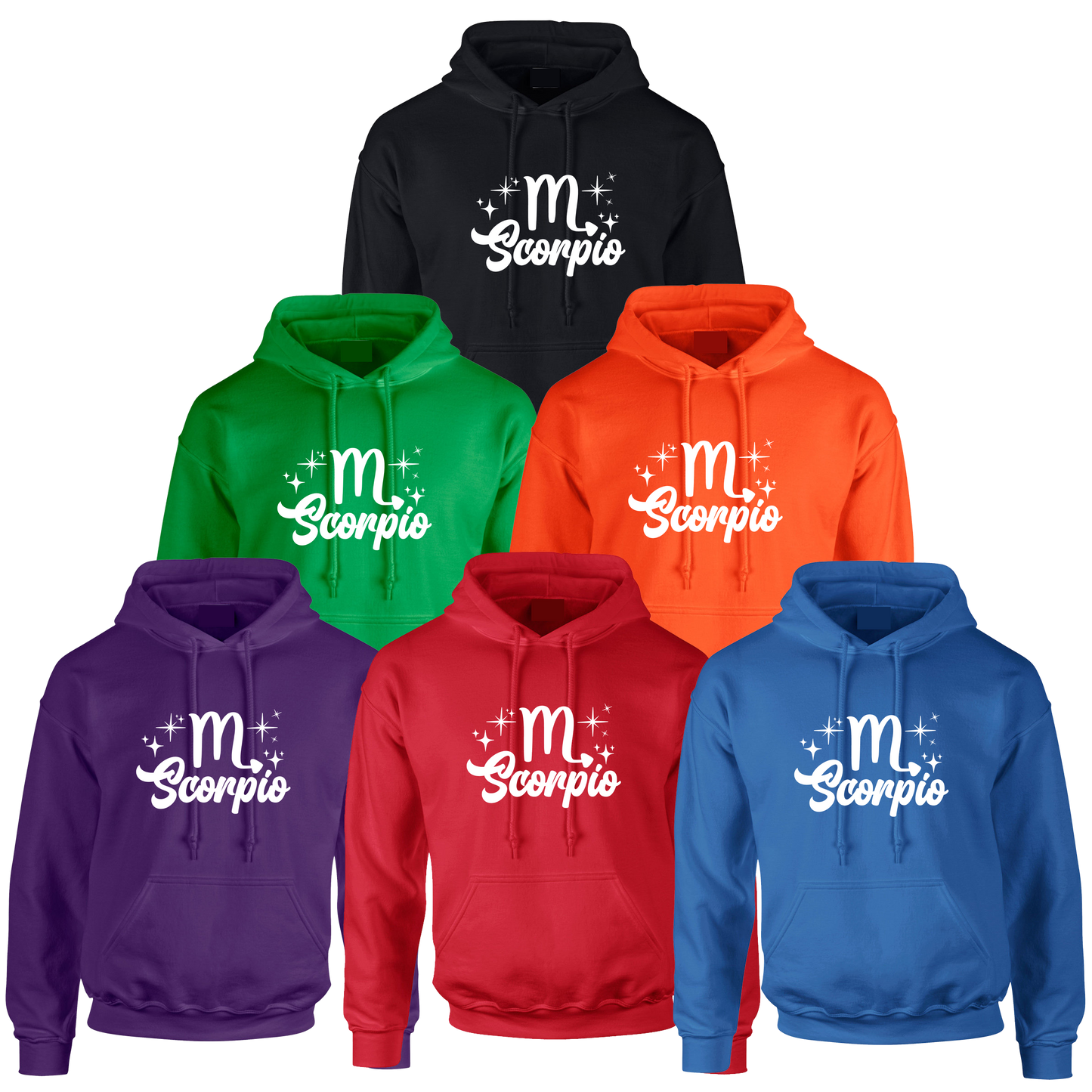 Set of six colorful hoodies with 'Scorpio' white text design