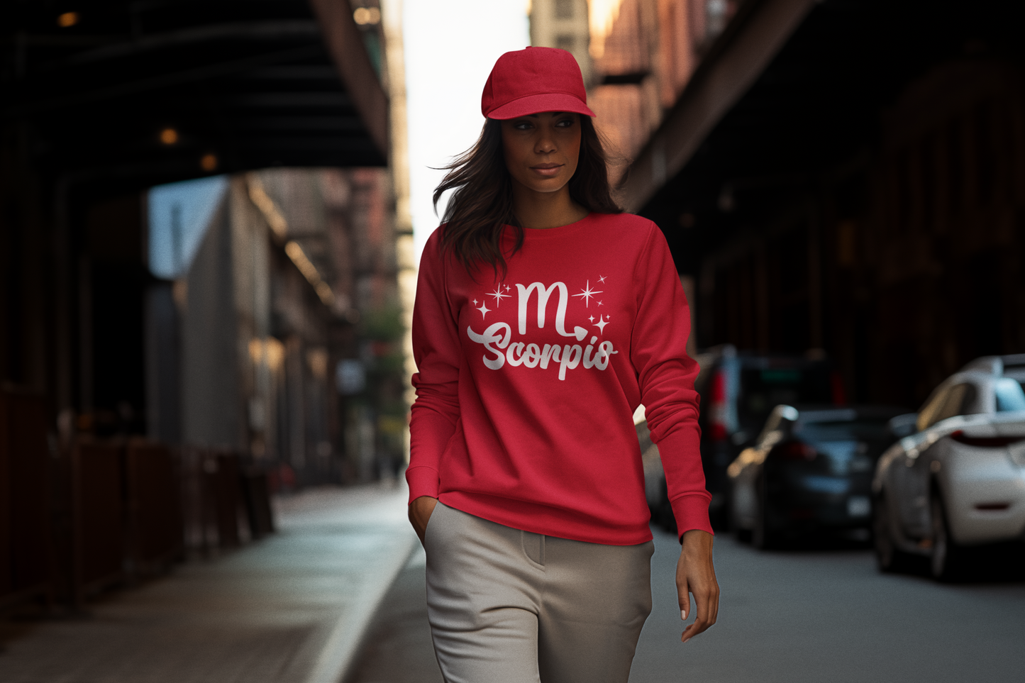 Person wearing a red sweatshirt with 'Scorpio' white text design walking on a street.