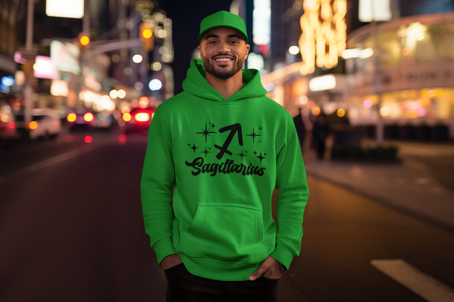 Person wearing a green hoodie with 'Sagittarius' black design on a city street at night.