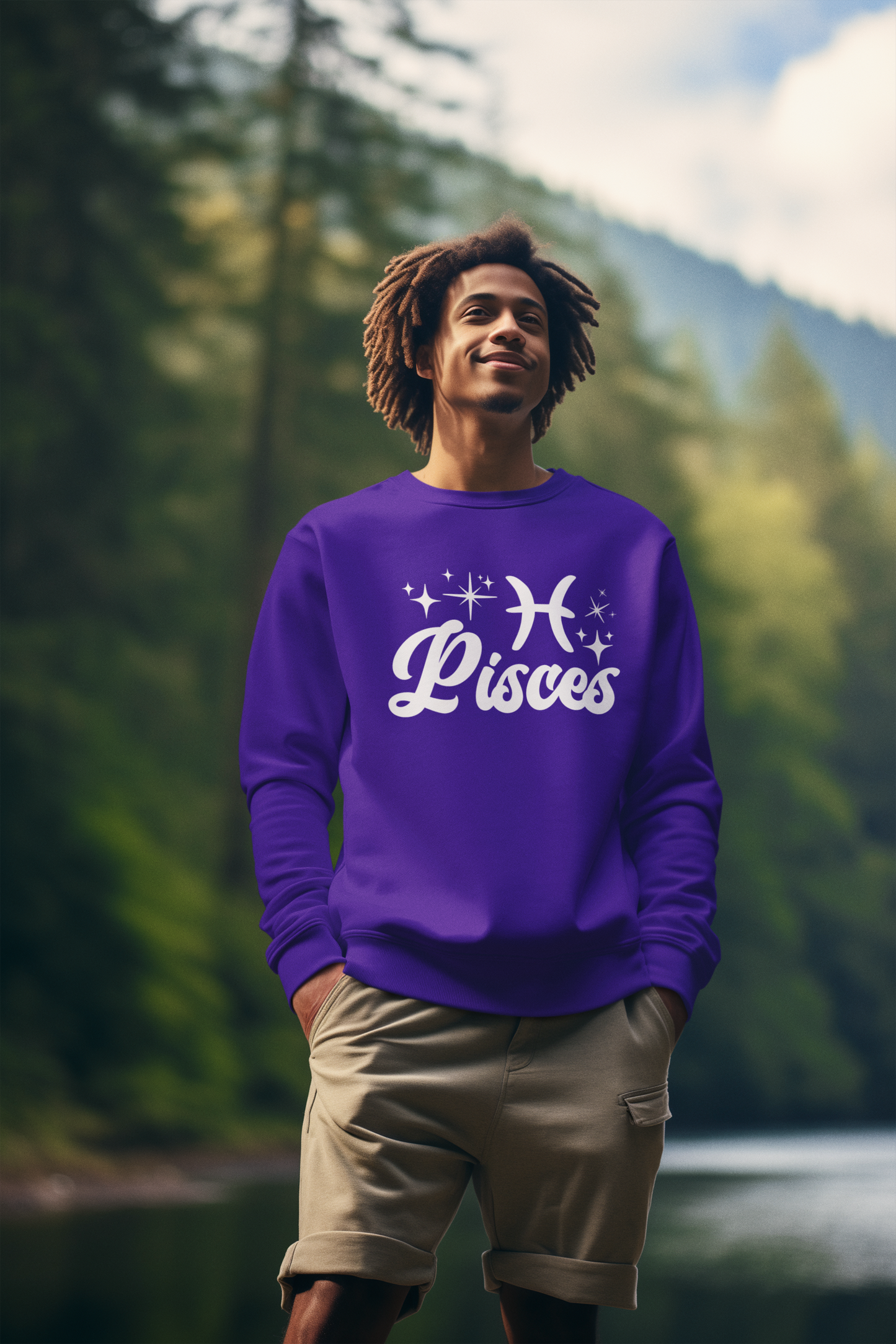 Person wearing an purple 'Pisces' white text design sweatshirt in a forest setting