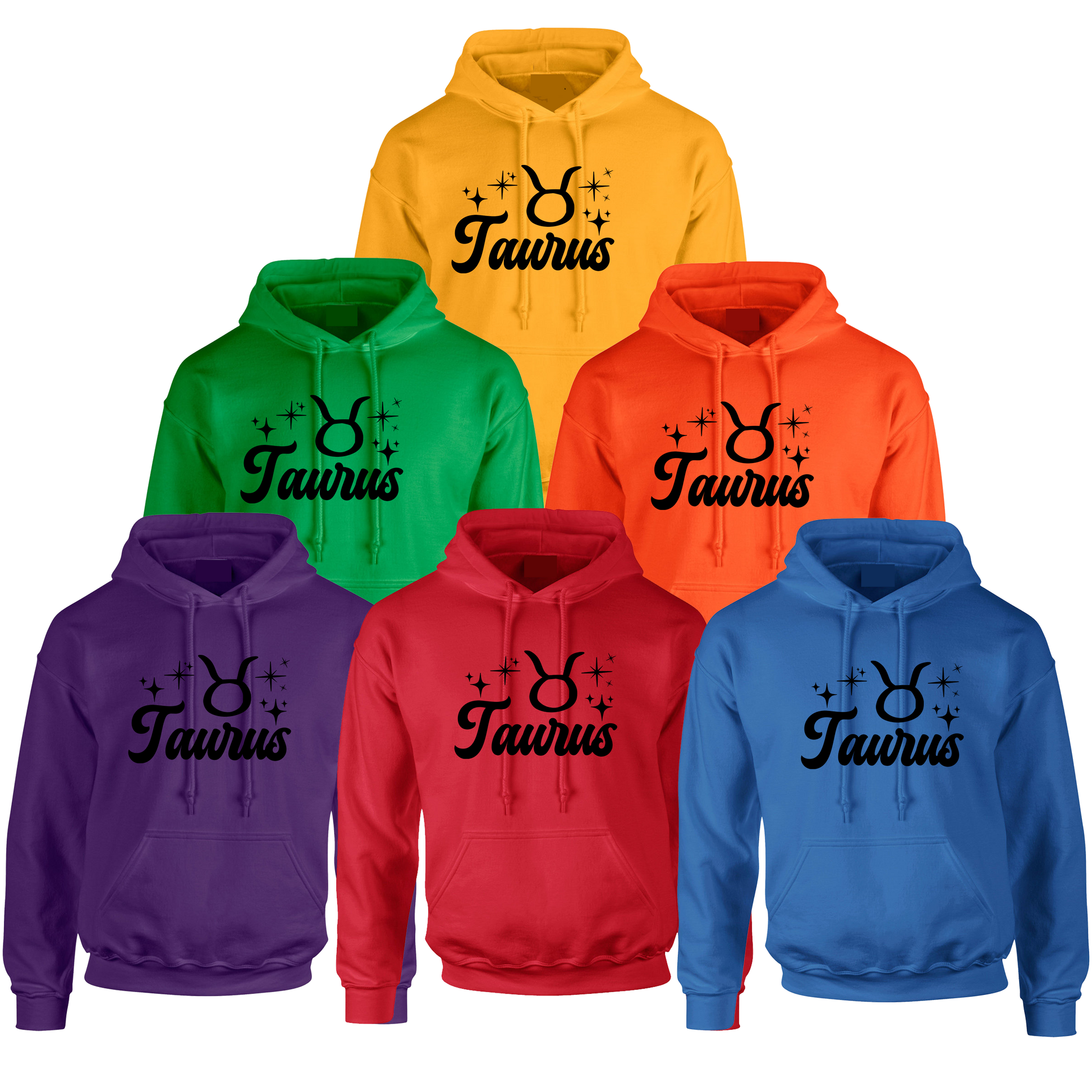 Set of six hoodies in different colors with black 'Taurus' text and zodiac symbol 