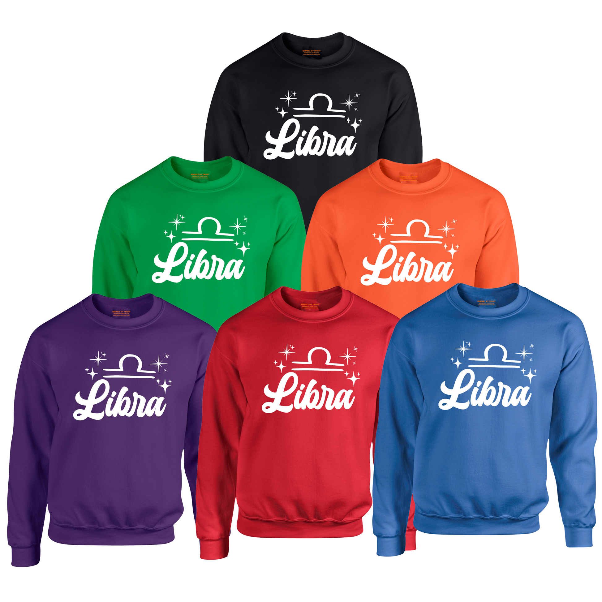 Collection of Libra-themed sweatshirts in various colors, white text design