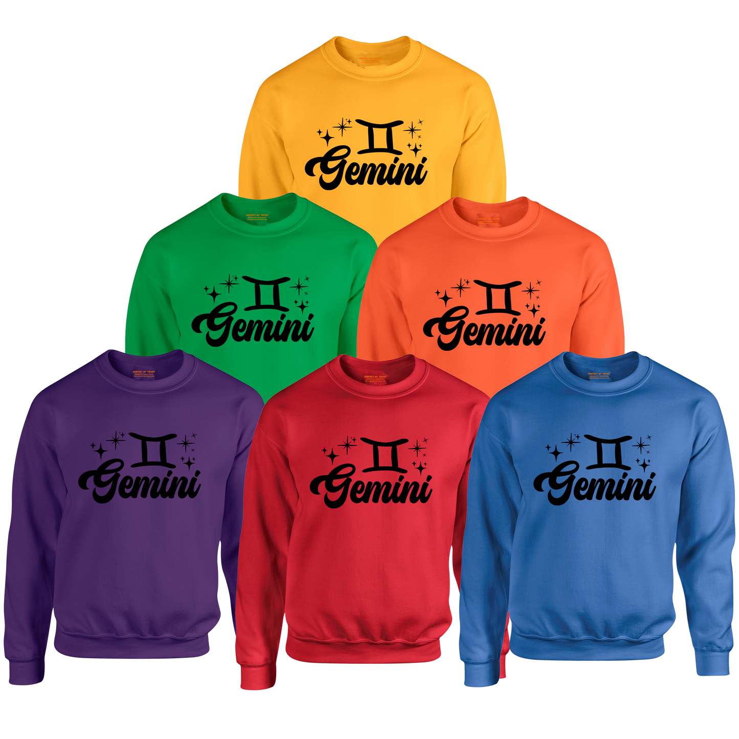 Set of six sweatshirts in different colors with 'Gemini' black text design
