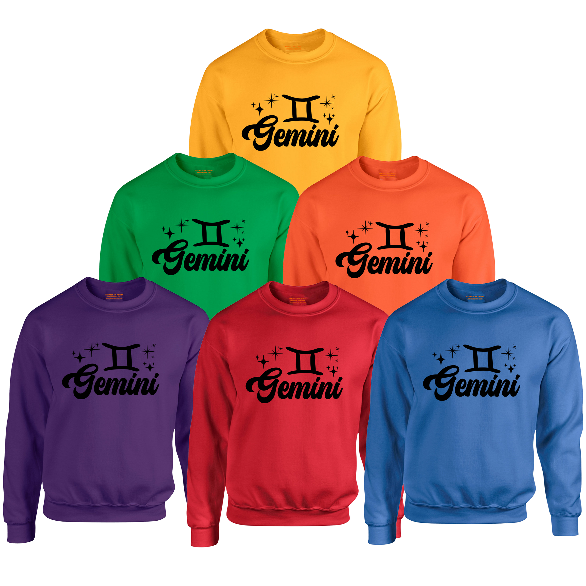 Set of six sweatshirts in different colors with 'Gemini' black text design