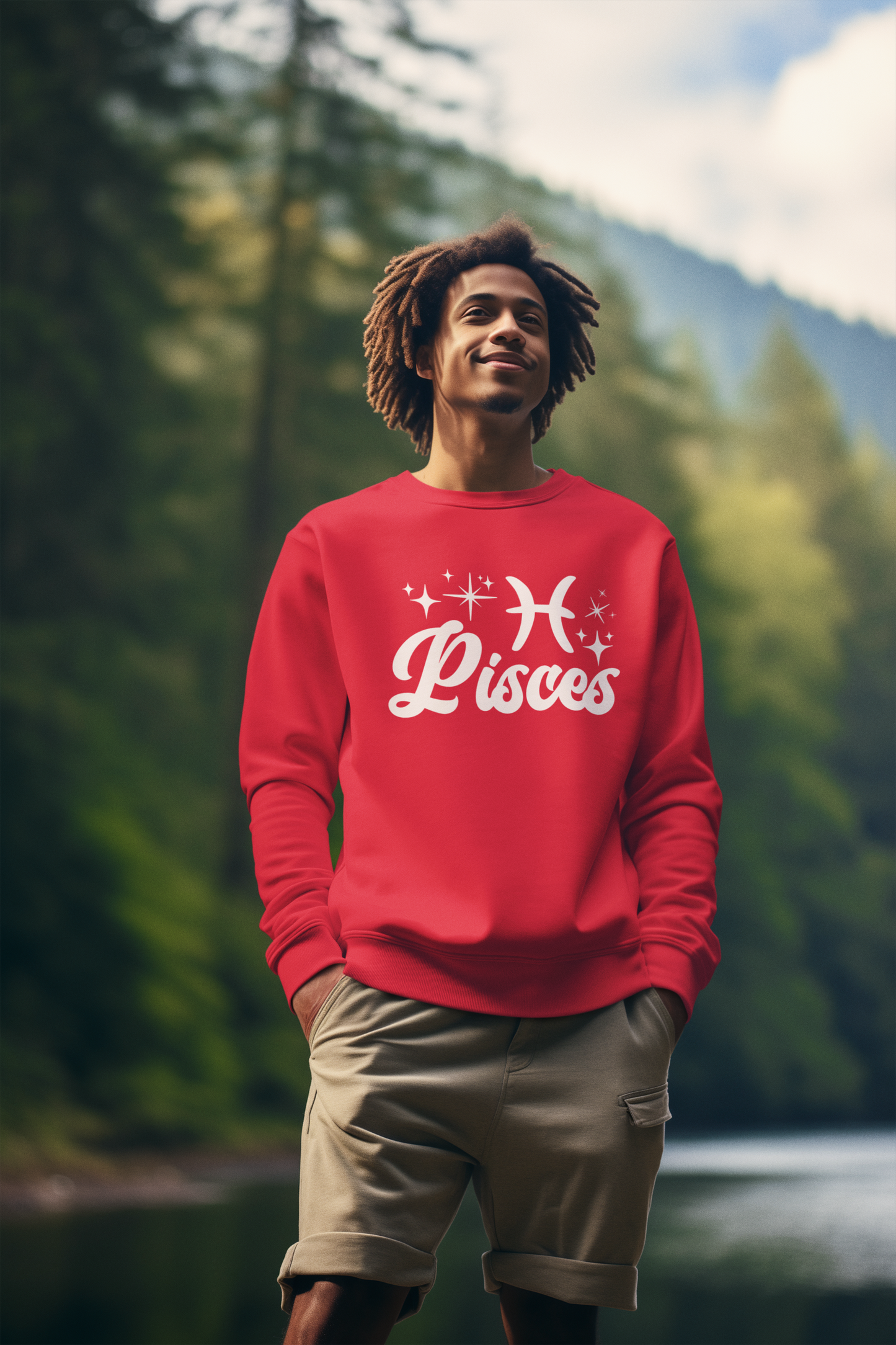 Person wearing an red 'Pisces' white text design sweatshirt in a forest setting