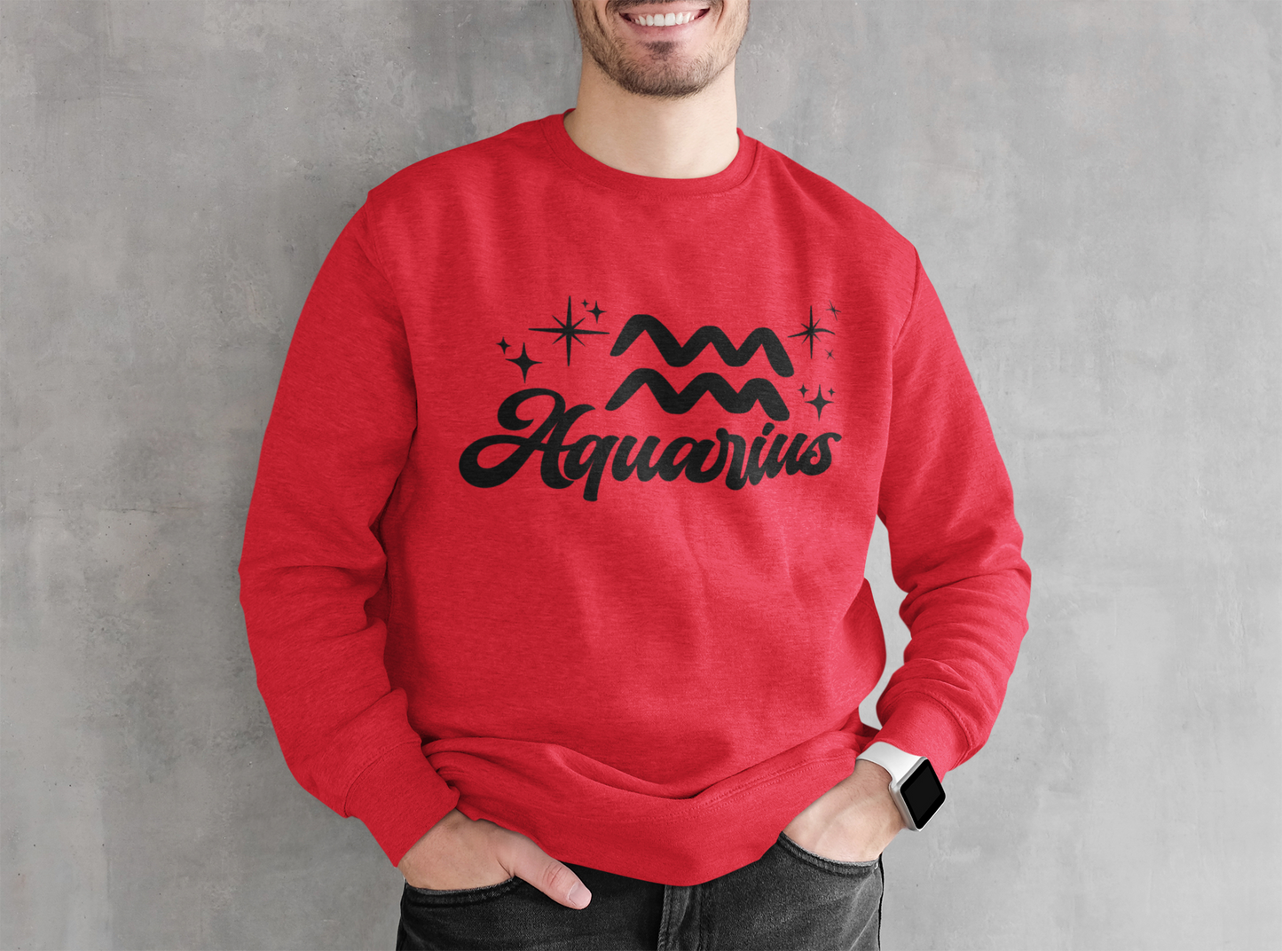 Person wearing an red sweatshirt with 'Aquarius' black text design against a gray background