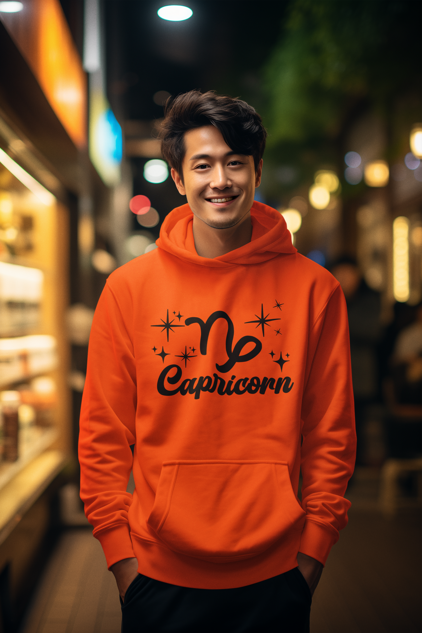 Person wearing a orange hoodie with 'Capricorn' black text design in an urban night setting