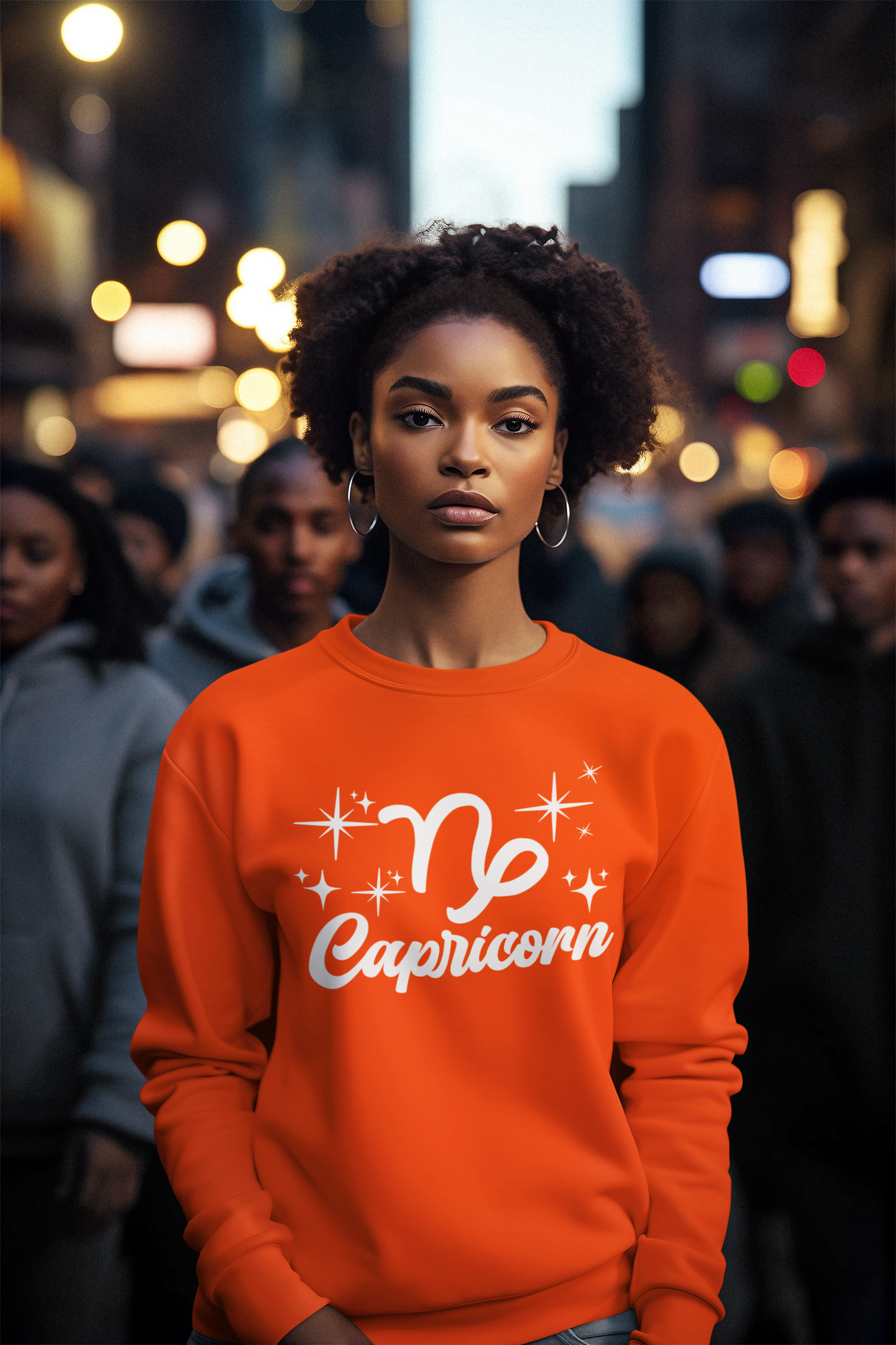 Person wearing a orange 'Capricorn' white text design sweatshirt in a city street setting