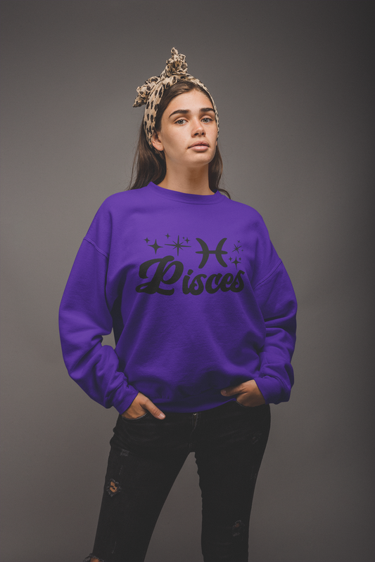 Person wearing a purple 'Pisces' black text design sweatshirt on a gray background