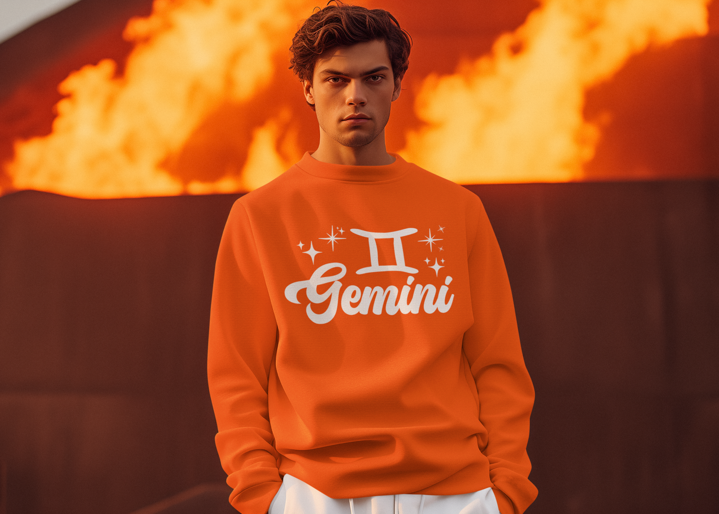 Person wearing a orange 'Gemini' white text sweatshirt in front of a fiery background