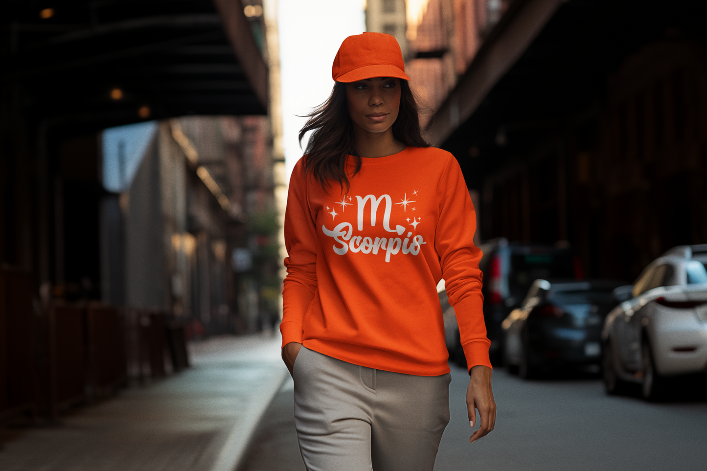 Person wearing a orange sweatshirt with 'Scorpio' white text design walking on a street.