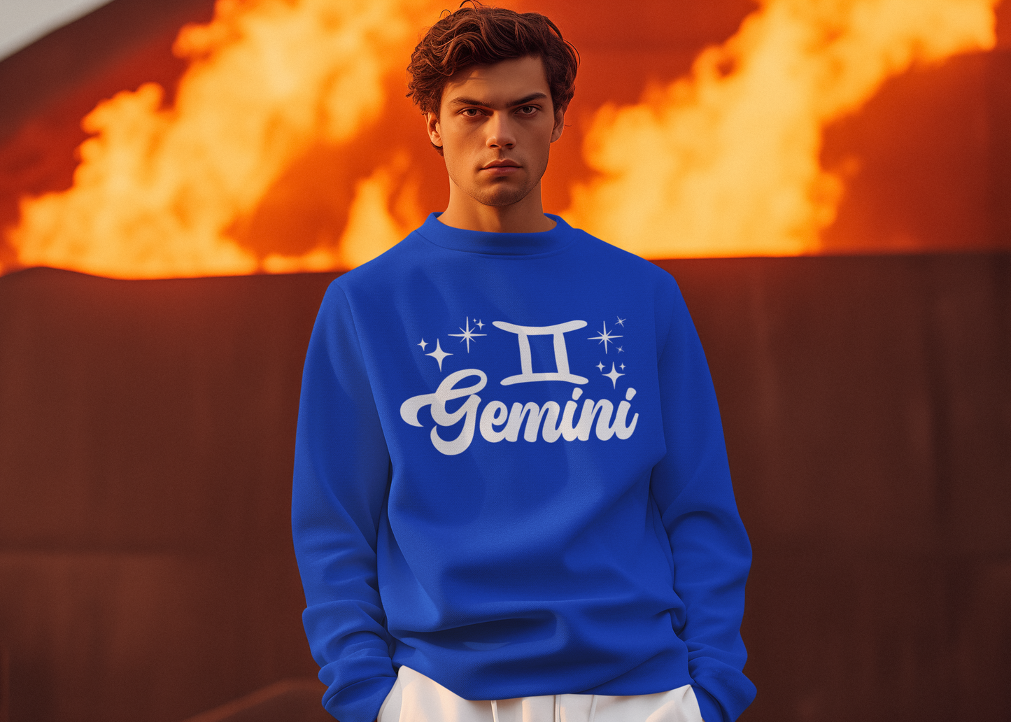 Person wearing a blue 'Gemini' white text sweatshirt in front of a fiery background