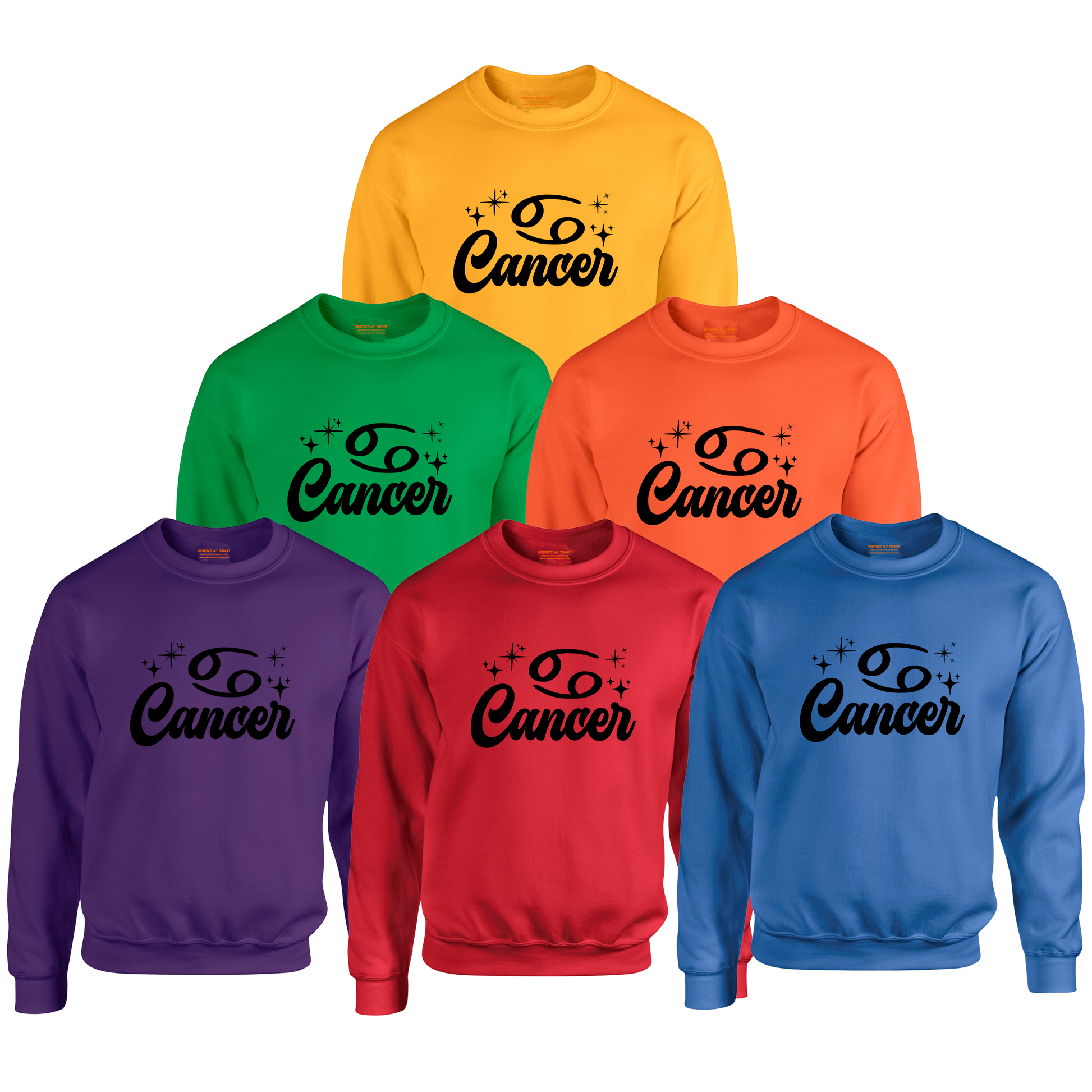 Set of six sweatshirts in different colors with 'Cancer' black text design.